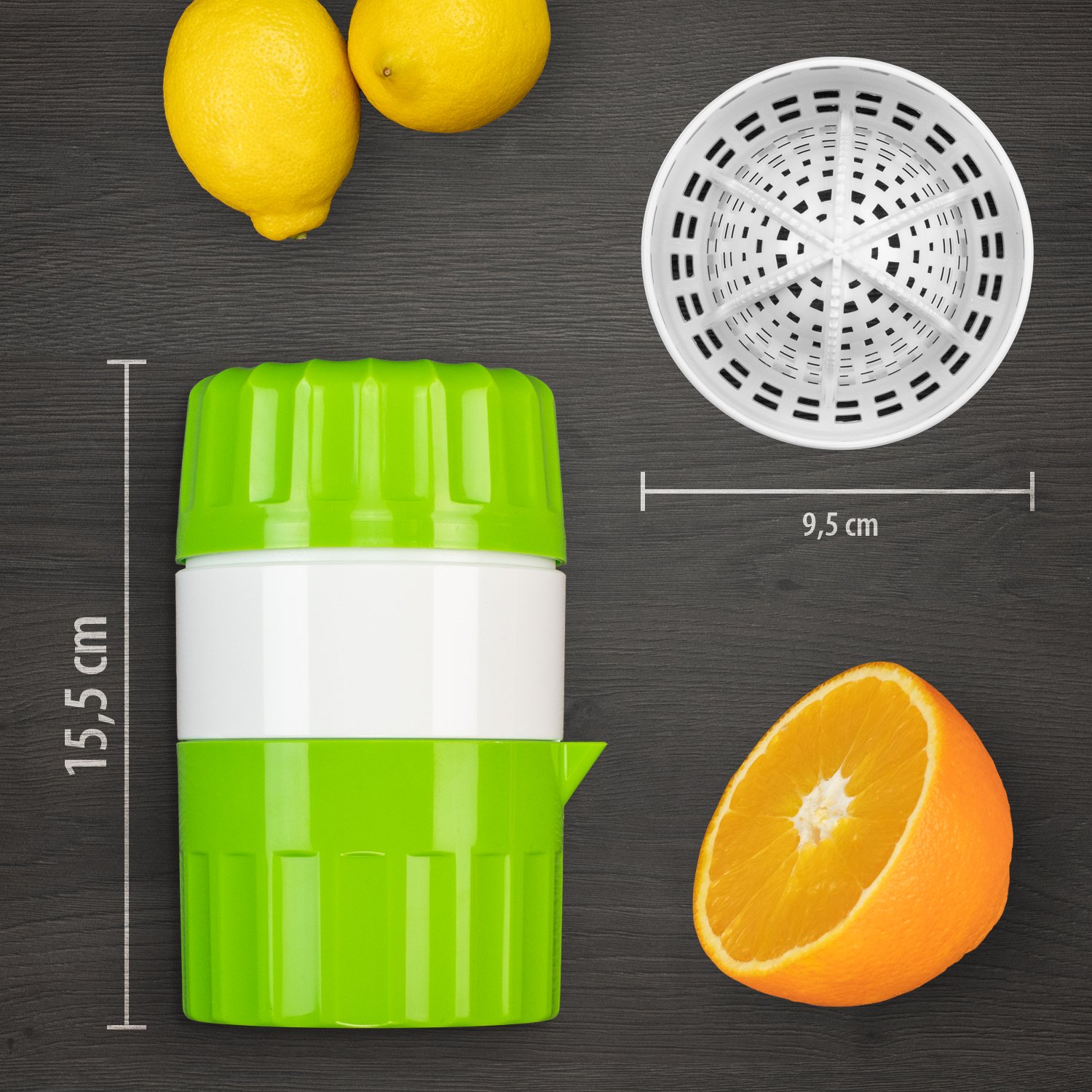 Green Manual Citrus Juicer - Fresh Lemon & Orange Press for Homemade Juice - Fruit & Vegetable Squeezer with Juice Container - Perfect for Cocktails, Healthy Drinks & Cooking