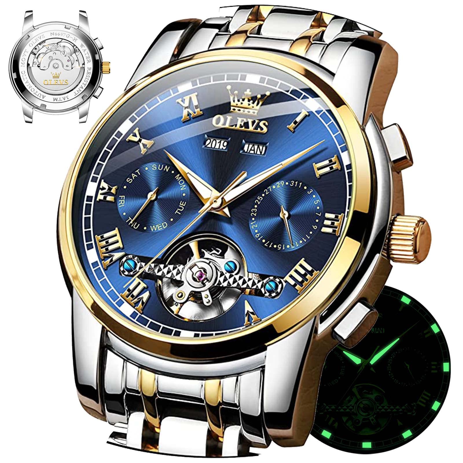 OLEVS Automatic Self-Winding Men's Watch with Date & Day Calendar - Stainless Steel Skeleton Tourbillon Watch - No Battery Required, Waterproof - Perfect for Business, Formal Events & Daily Wear