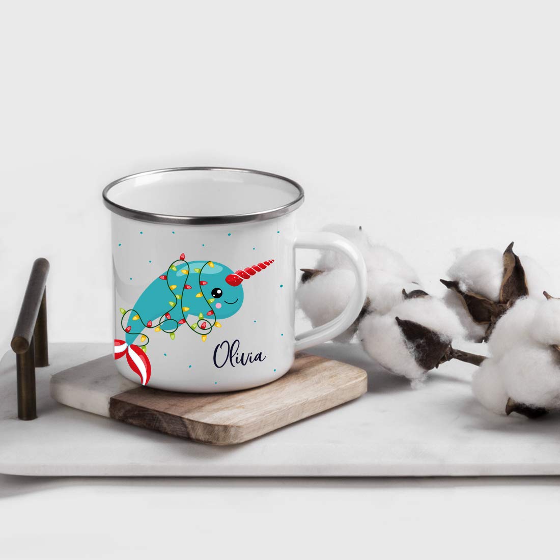**Personalized Kids Christmas Hot Chocolate Mug - 11oz Stainless Steel Campfire Coffee Cup with Narwhal Design - Custom Name for Child's Birthday & Holiday Gift - Perfect for Hot Cocoa, Camping & Festive Celebrations**