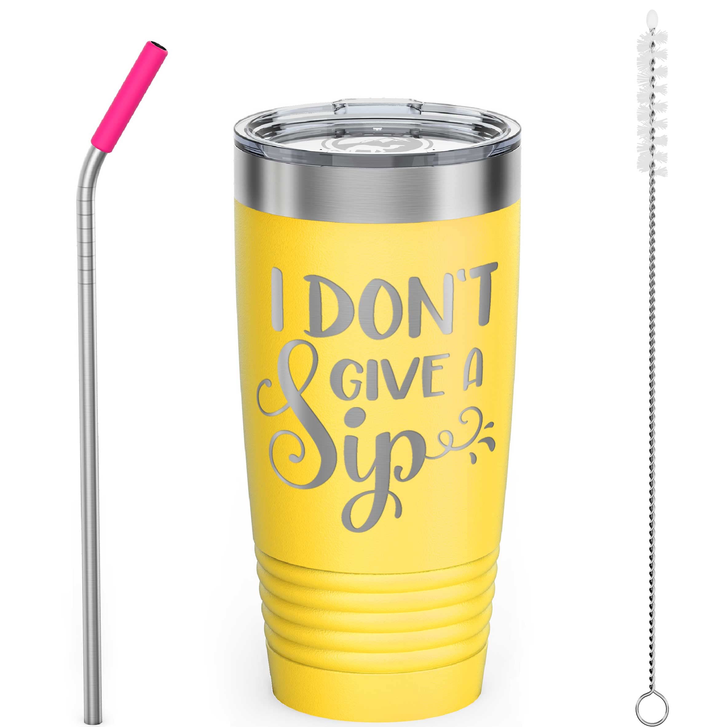 20oz Stainless Steel Coffee Tumbler with Lid & Straw - Insulated Travel Mug for Hot & Cold Drinks - Funny 'I Don't Give a Sip' Quote - Perfect Gift for Women, Men, Best Friend, Coworker (Yellow) - Ideal for Office, Gym, Travel & Outdoor Activities