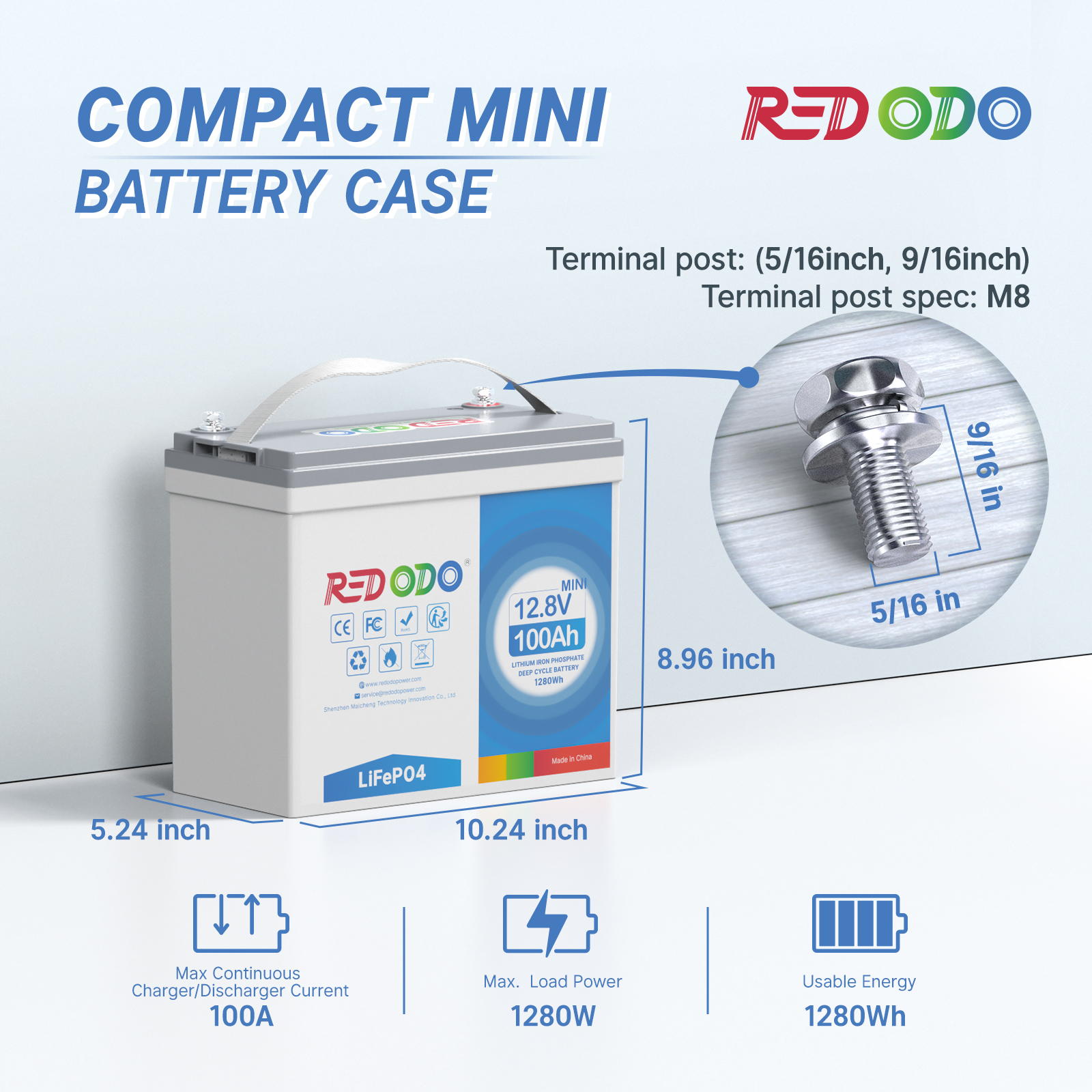 Like New Redodo 12V 100Ah Mini LiFePO4 Battery - 1.28kWh & 1.28kW Power Output | Perfect for Solar Energy Storage, RV, Marine & Off-Grid Applications