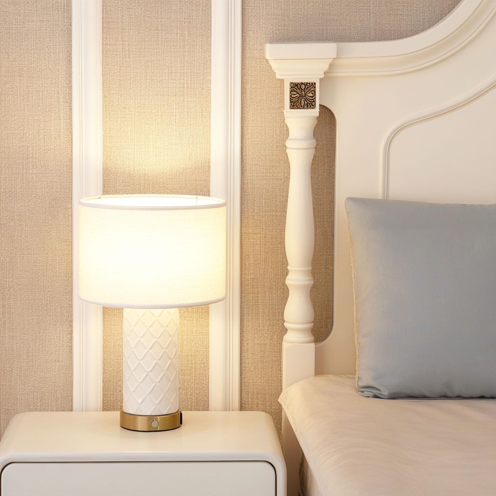 COTULIN 2-Pack White Ceramic Table Lamps - Modern Farmhouse Style 3-Way Dimmable Touch Control Bedside Lamps with USB Charging Ports (16
