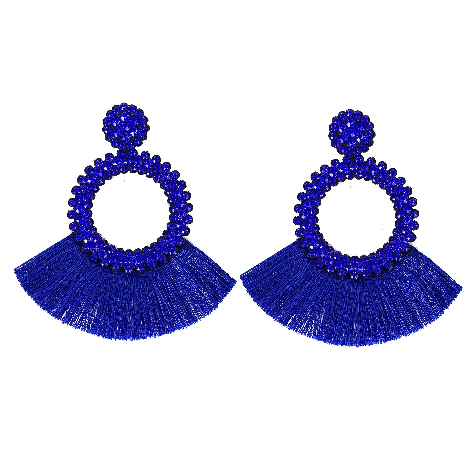Boho Crystal Tassel Earrings for Women - Sparkly Scalloped Cotton Thread Statement Earrings 3.34