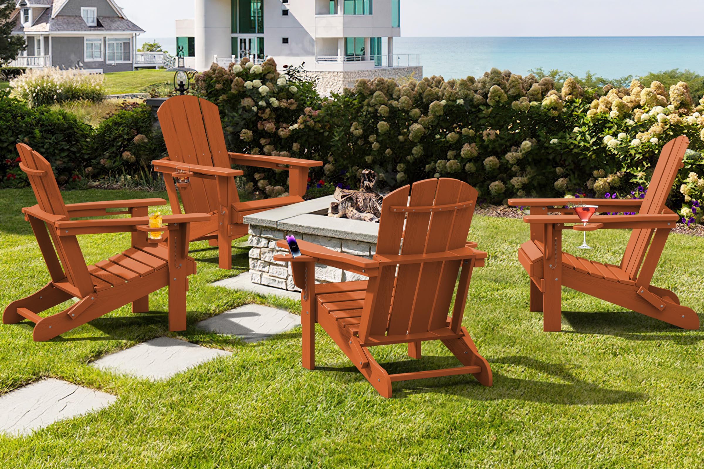 Premium SERWALL Adirondack Chair with Cup Holders - Durable HDPE Composite Outdoor Patio Furniture - All-Weather Resistant - Orange - Perfect for Backyard, Garden, Poolside & Deck Relaxation