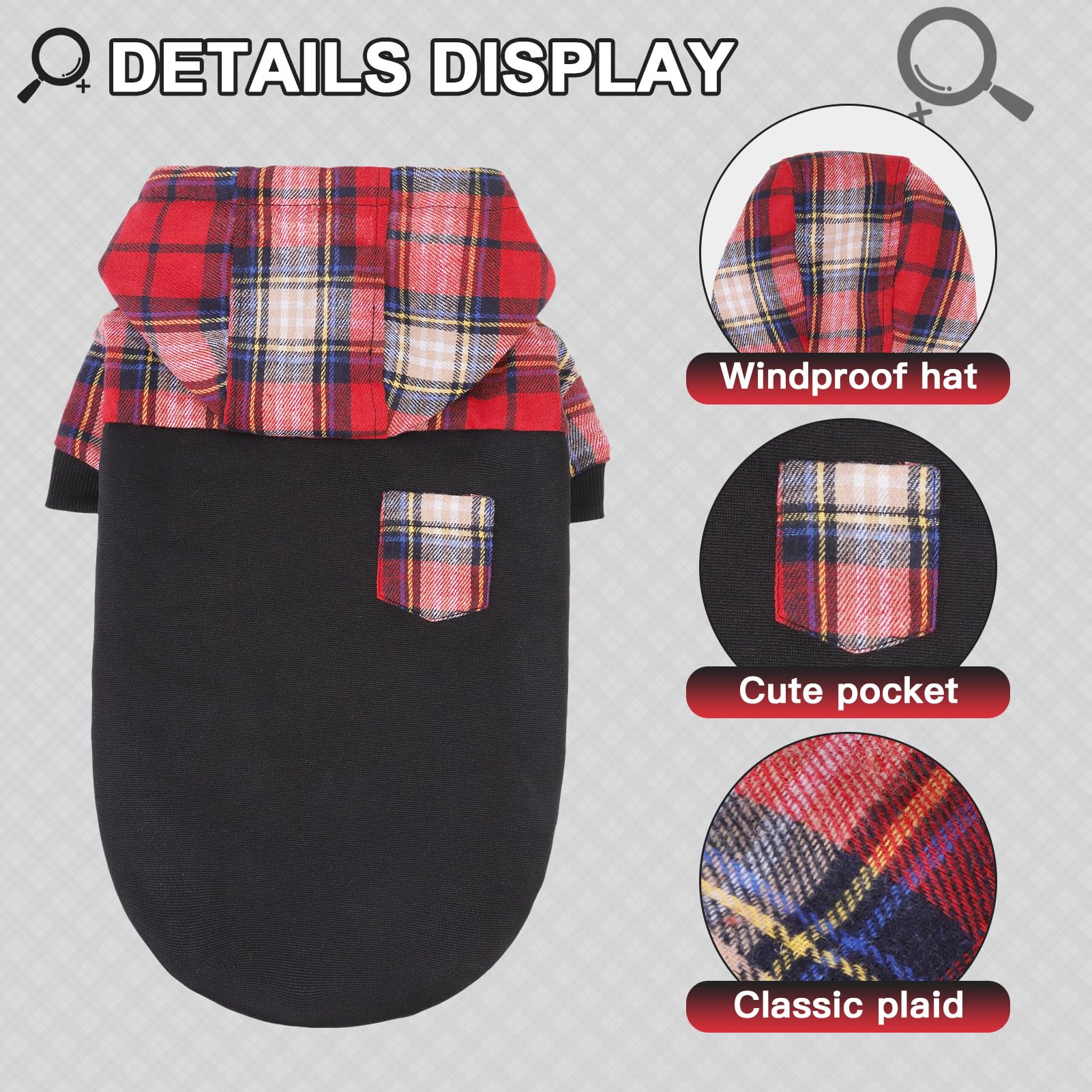 Plaid Dog Hoodie for Small, Medium & Large Dogs - Warm Fleece Sweatshirt with Hat & Leash Hole | Cozy Pullover Dog Sweater for Puppies, Bulldogs & All Breeds (XS, S, M, L) - Perfect for Winter Walks & Outdoor Adventures