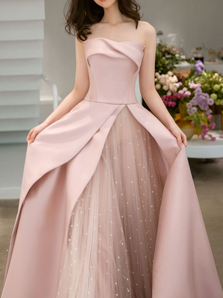 Elegant Pink Satin Tulle Long Prom Dress - Formal Bridesmaid Gown for Weddings, Evening Parties & Special Occasions