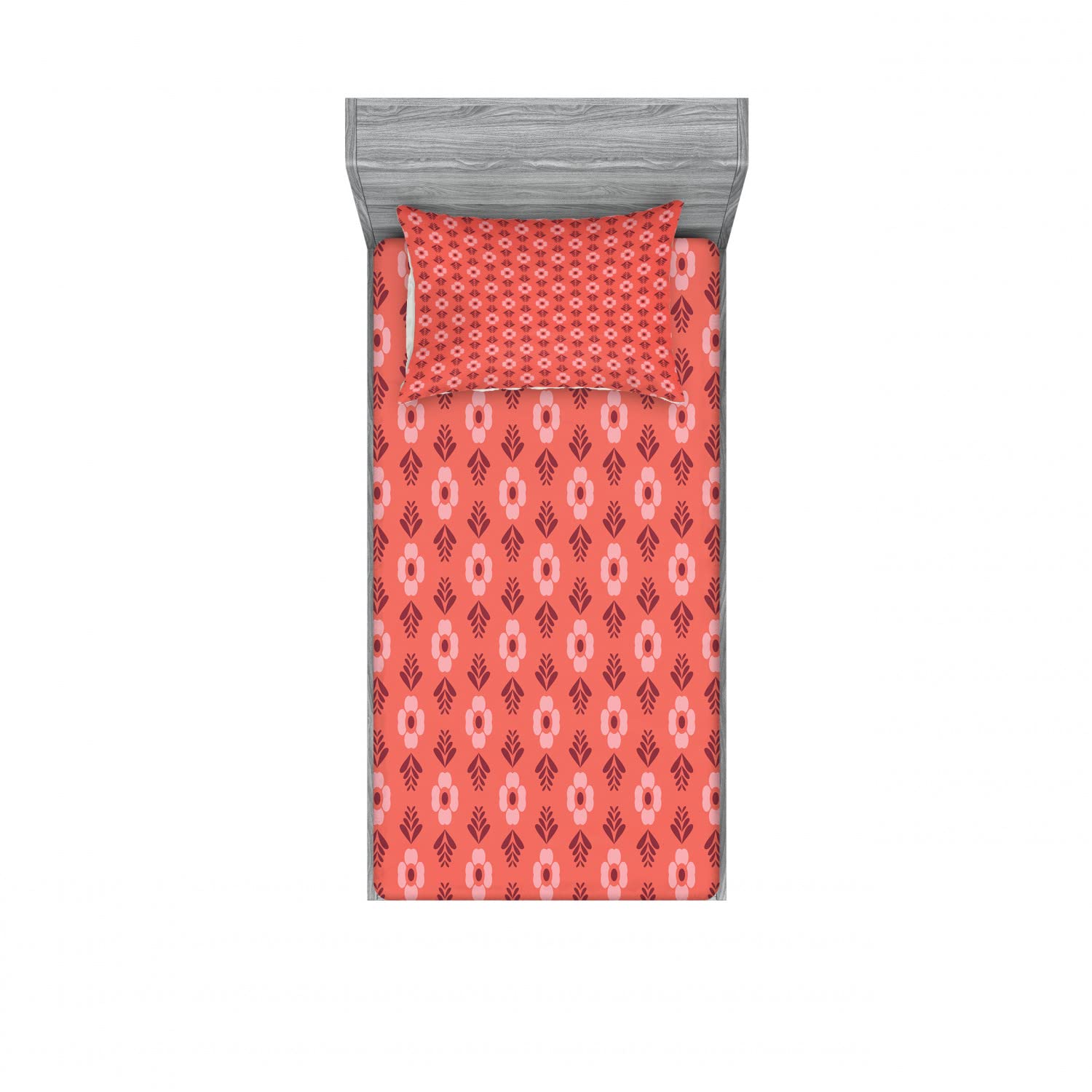 Ambesonne Coral 2-Pack Twin XL Fitted Sheet & Pillow Sham Set - Floral Romance Design, 4-Piece Bedding Decor for Guest Room or Dorm - Includes 2 Fitted Sheets & 2 Pillow Covers - Perfect for Spring/Summer Bedroom Refresh