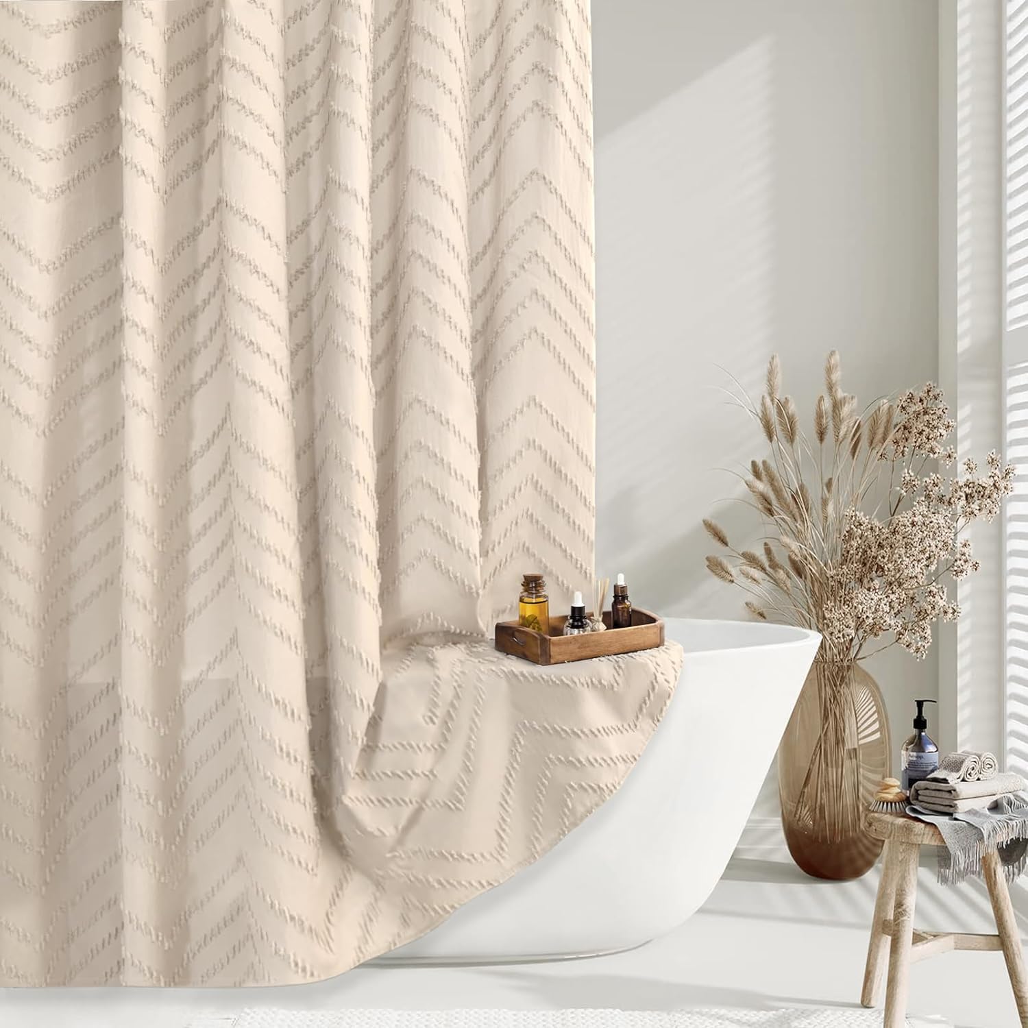 Beige Boho Shower Curtain 72x72 - Modern Farmhouse Bathroom Decor with Bohemian Chic Tufted Chevron Texture & Minimalist Striped Design - Woven Fabric Shower Curtain for Spa, Guest Bath & Master Bathroom