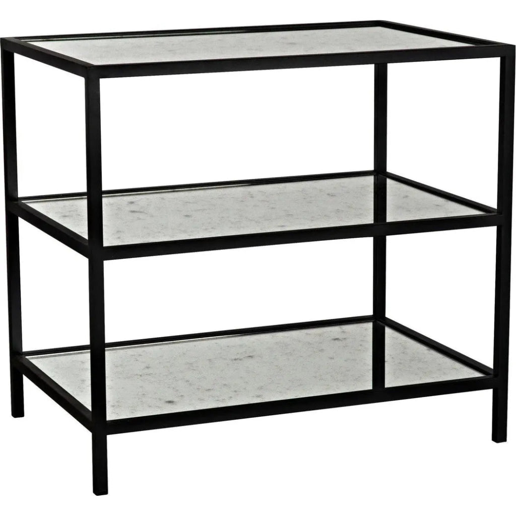 3-Tier Black Steel Rectangle Side Table with Antiqued Mirror - Vintage Industrial End Table for Living Room, Bedroom, or Office Decor