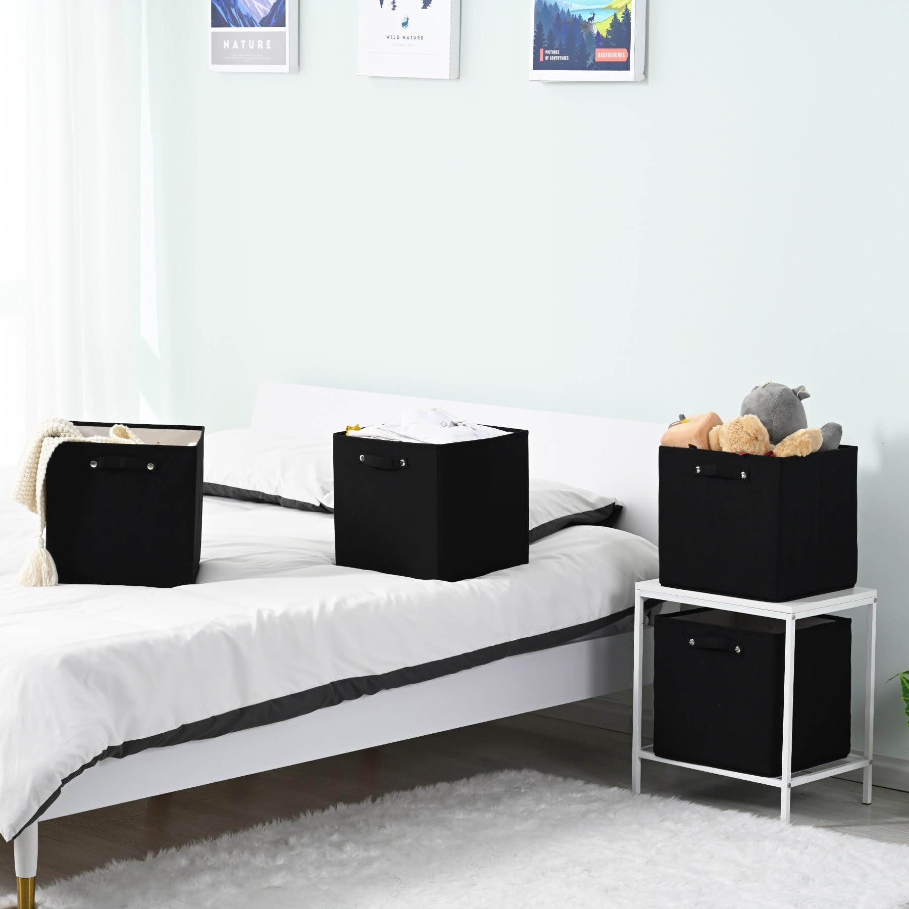 13 x 13 Inch Premium Linen Storage Bins with Handles - 4 Pack Fabric Cube Organizers, Collapsible Closet Baskets for Shelves, Drawers & Home Organization (Black) - Perfect for Bedroom, Nursery & Office Storage Solutions