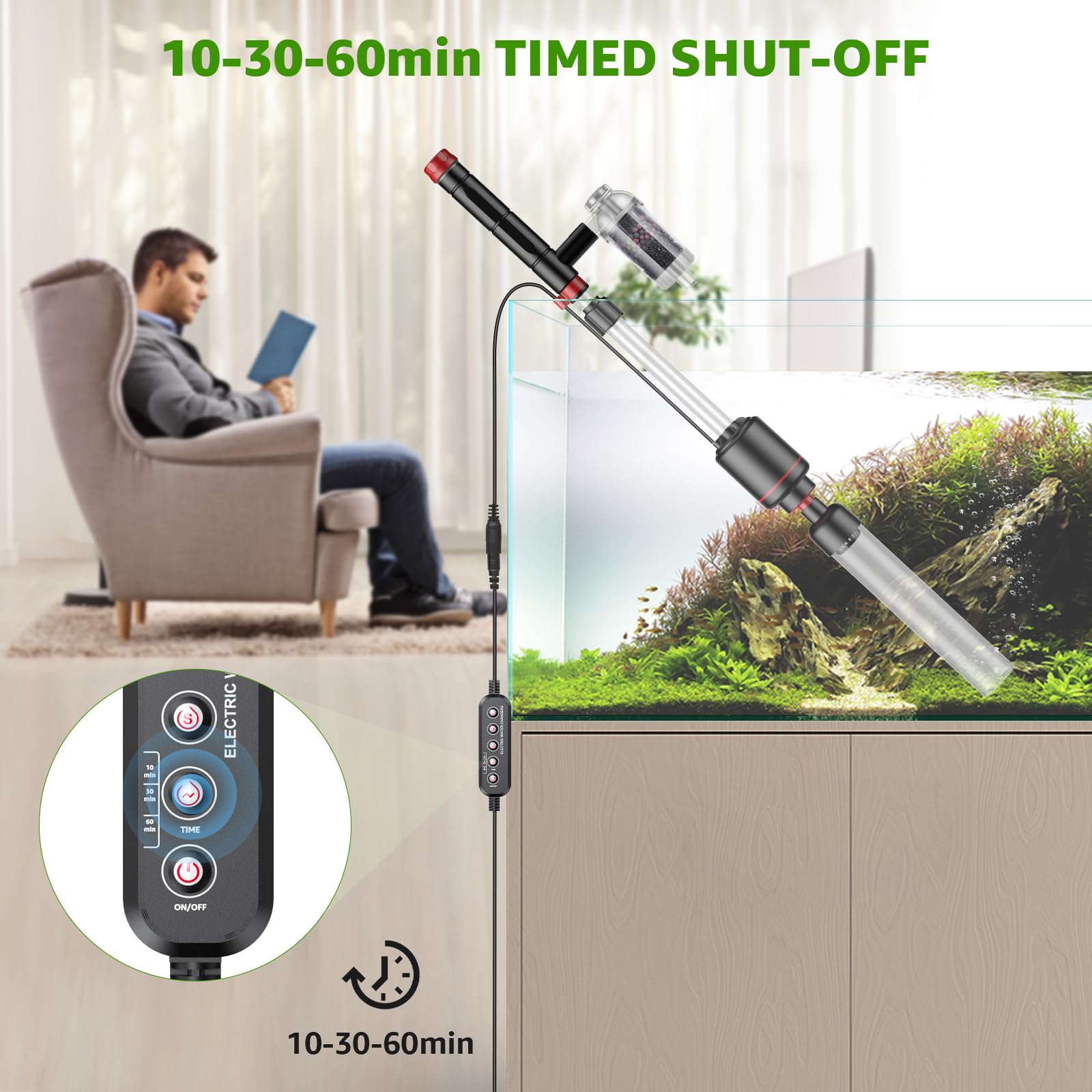 24W Electric Aquarium Gravel Cleaner - Powerful Vacuum with Strong Suction for Automatic Water Changes, Sand Washing & Algae Removal | Ideal for Fish Tank Maintenance, Water Circulation & Timed Cleaning in Home & Office Aquariums