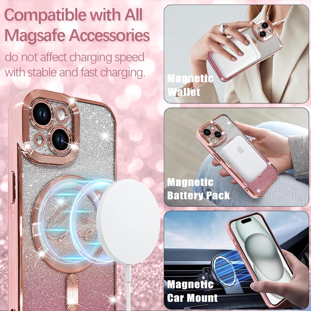 Magnetic Glitter Case for iPhone 15 - Luxury Gold Plated Heart Design, Magsafe Compatible Clear Protective Cover with Camera Protector, Shockproof Slim Phone Case for Women & Girls (Pink) - Perfect for Everyday Use, Dating, Parties & Gift Giving