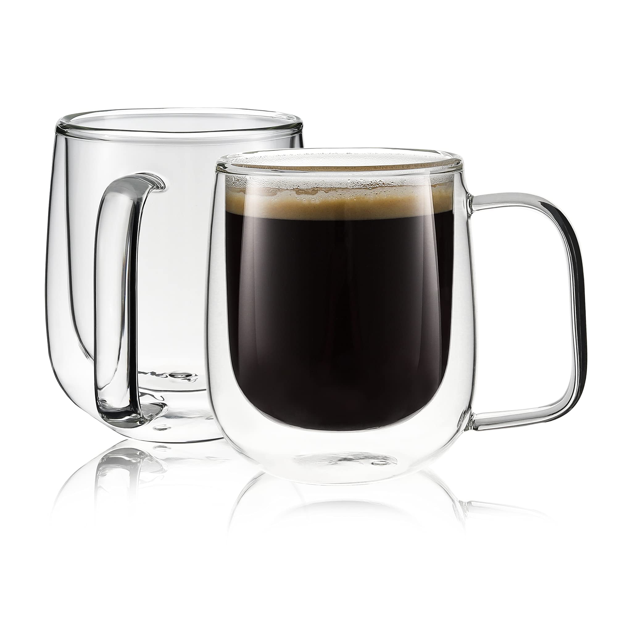 Double Wall Insulated Coffee Mugs with Handle - 2-Pack 10oz Clear Glass Coffee Cups for Hot & Cold Drinks, Dishwasher & Microwave Safe - Perfect for Cappuccino, Latte, Tea, Iced Coffee at Home or Office