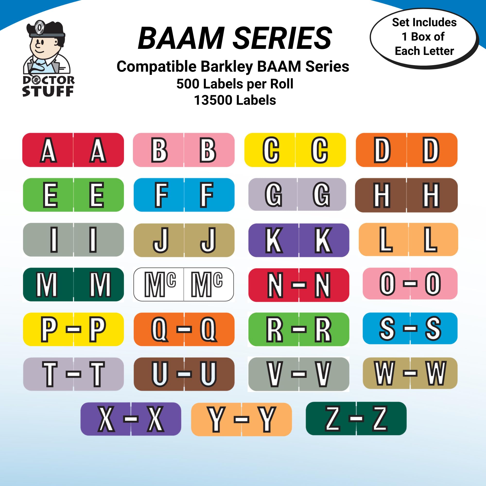 Doctor Stuff - File Folder Labels, Alphabet Letter Stickers A-Z with Mc, Compatible with Barkley FABAM-BAAM Series, 1/2