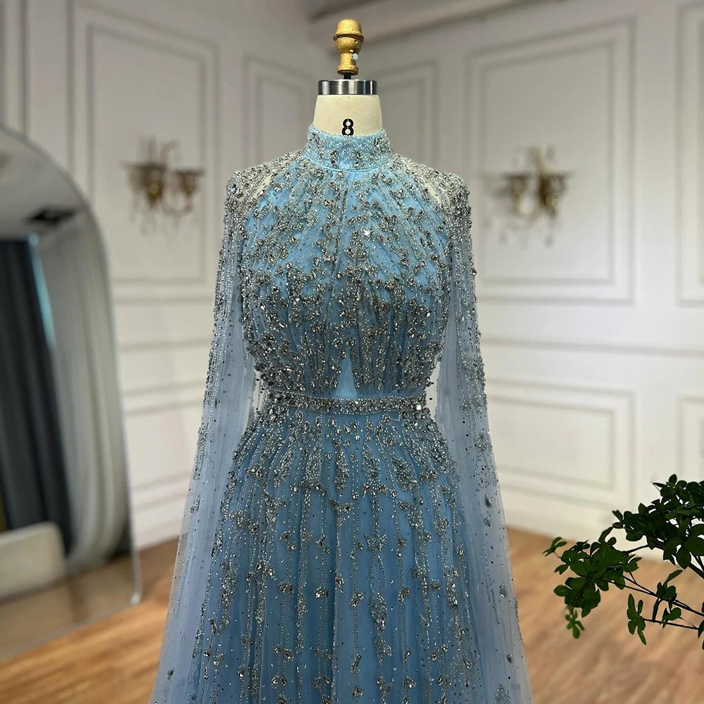 Elegant Blue Beaded A-Line Evening Gown with Cape Sleeves - LA71803G | Formal Party Dress for Prom, Wedding & Black Tie Events