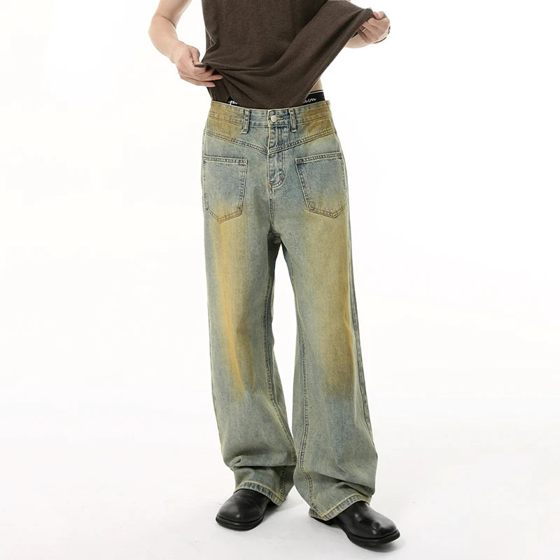 American Style Men's Reversible Contrast Color Distressed Straight Wide Leg Washed Denim Jeans - Casual Wear & Street Fashion | New Arrival 9W1846