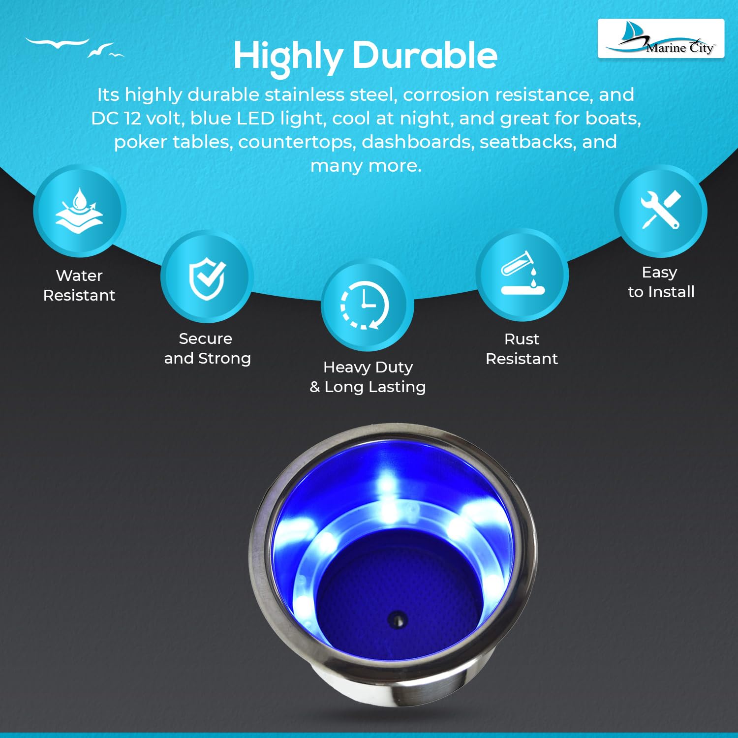 8 Blue LED Cup Holder with Drain – 304 Stainless Steel Marine Drink Holder, Corrosion-Resistant Boat Accessory for Yachts, Ships & Kayaks (10 Pack) – Perfect for Night Cruising & Party Lighting