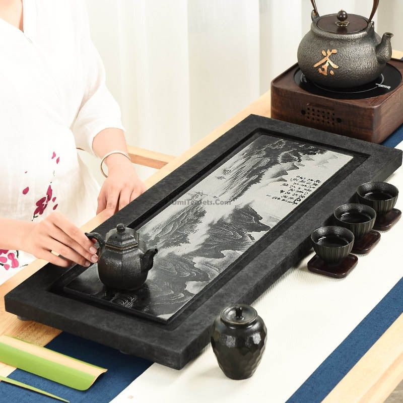 Handcrafted Black Stone Tea Tray with Exquisite Landscape Carvings - Perfect for Chinese Tea Ceremony, Home Decor & Zen Meditation Spaces