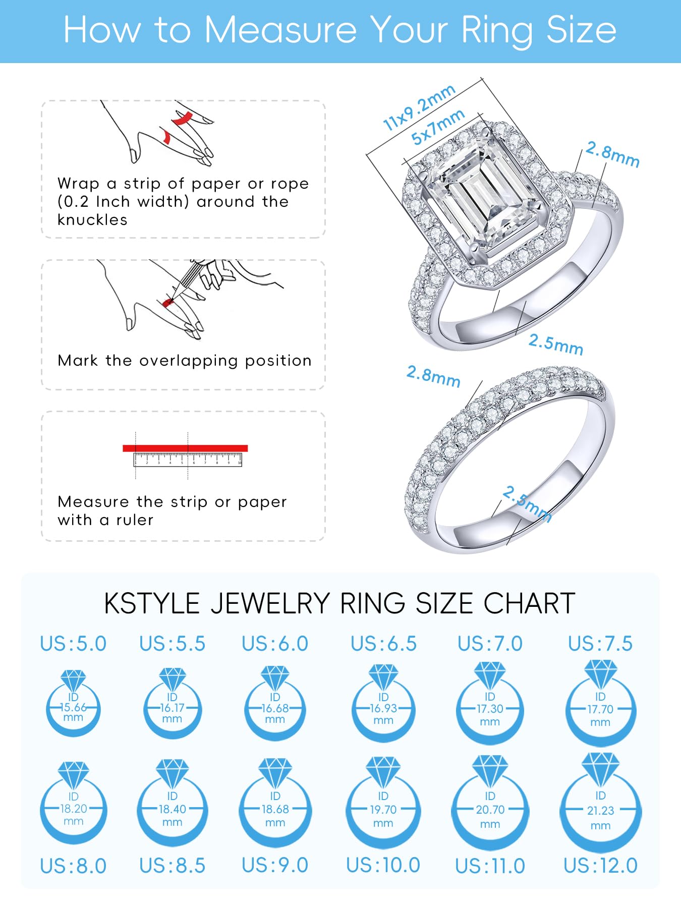 1.99-3.30 Carat D Color VVS1 Emerald Cut Moissanite Engagement Ring Set for Women - 925 Sterling Silver 18K White Gold Plated Wedding Band Bridal Jewelry Set | Perfect for Proposals, Anniversaries & Special Occasions