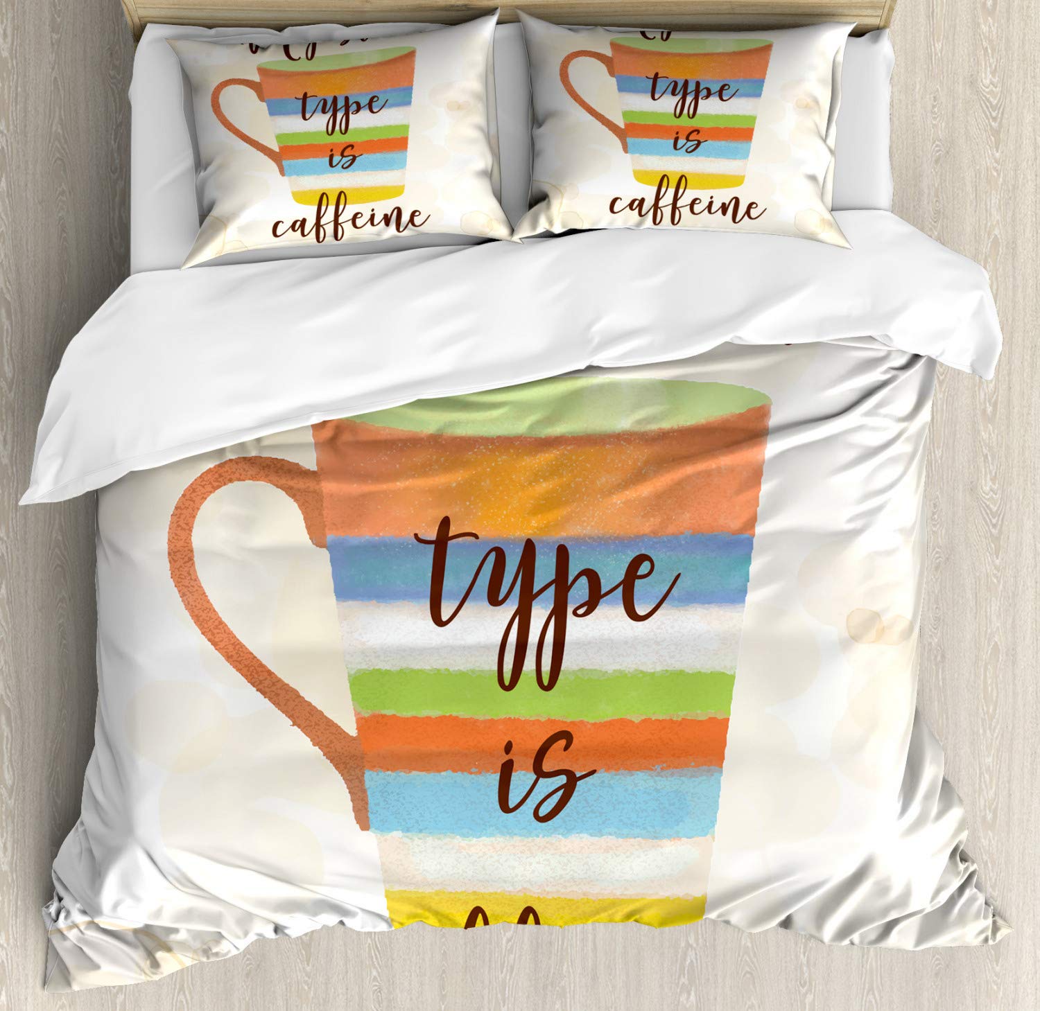 Ambesonne Coffee Duvet Cover Set - Retro Watercolor Coffee Mug Design with 'My Blood Type is Caffeine' Text - 3 Piece Queen Size Bedding Set with 2 Pillow Shams - Multicolor Bohemian Decor for Bedroom, Dorm, or Gift
