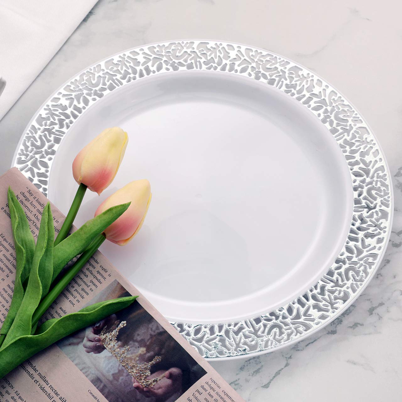 WELLIFE 350-Piece Silver Disposable Plastic Dinnerware Set - Elegant Silver Lace Plates, Cups & Cutlery for Weddings, Parties, Events & Catering - Includes 50 Dinner Plates, 50 Dessert Plates, 50 Cups & 50 Pre-Rolled Napkins - Perfect for Birthday Celebrations, Bridal Showers & Formal Gatherings