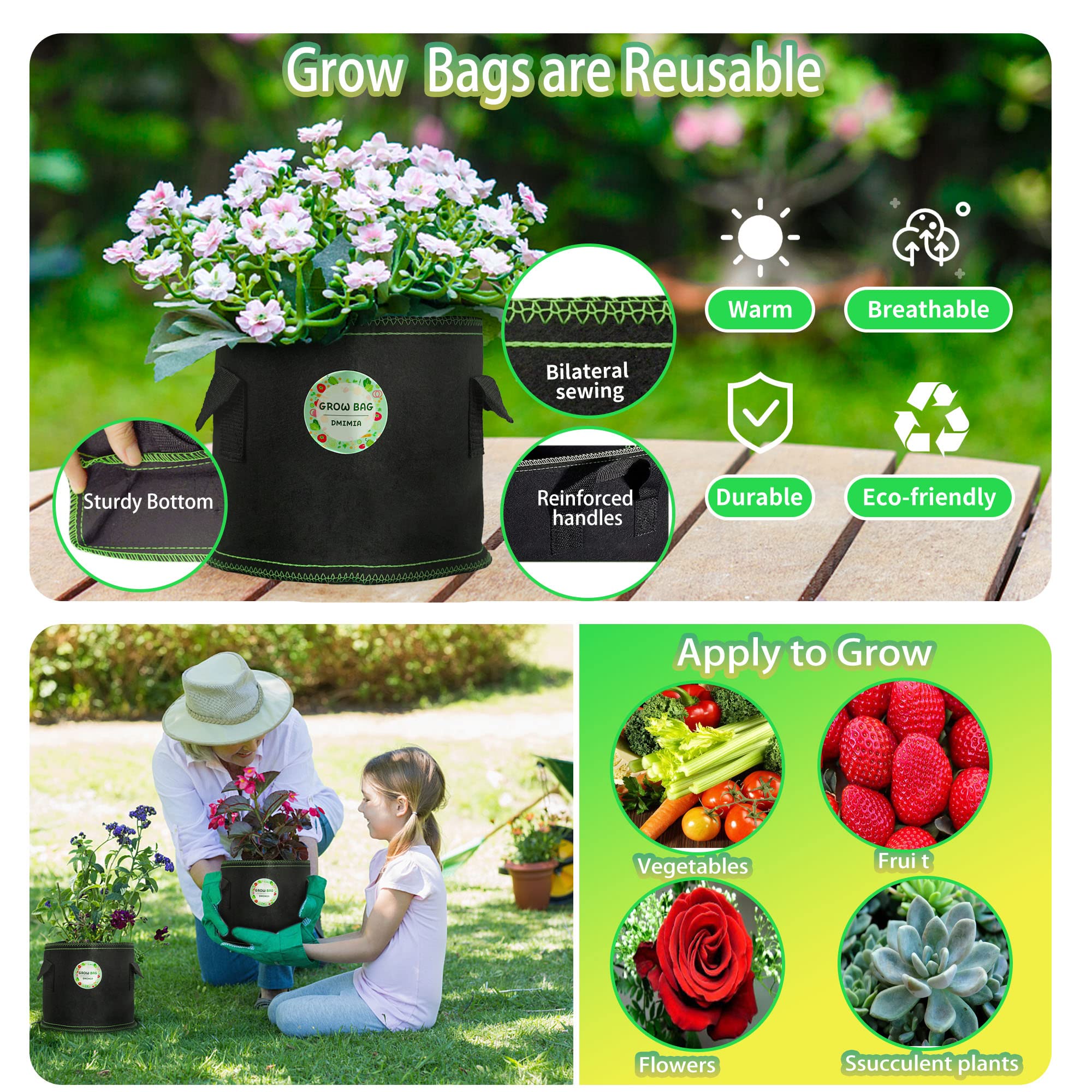 10-Piece Heavy Duty Garden Tool Set with Plant Grow Bags & Tote - Rustproof Gardening Kit for Women & Men - Perfect for Planting, Weeding & Outdoor Yard Work