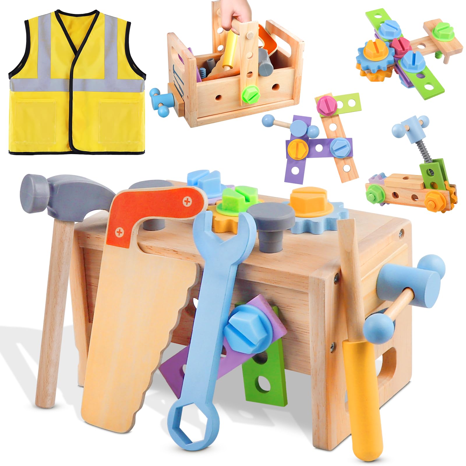 **30pcs Wooden Kids Tool Set with Vest - Montessori STEM Learning Educational Toys for Toddlers Ages 3-5 - Perfect Birthday Gift for Boys & Girls | Pretend Play, DIY Projects, Early Childhood Development**