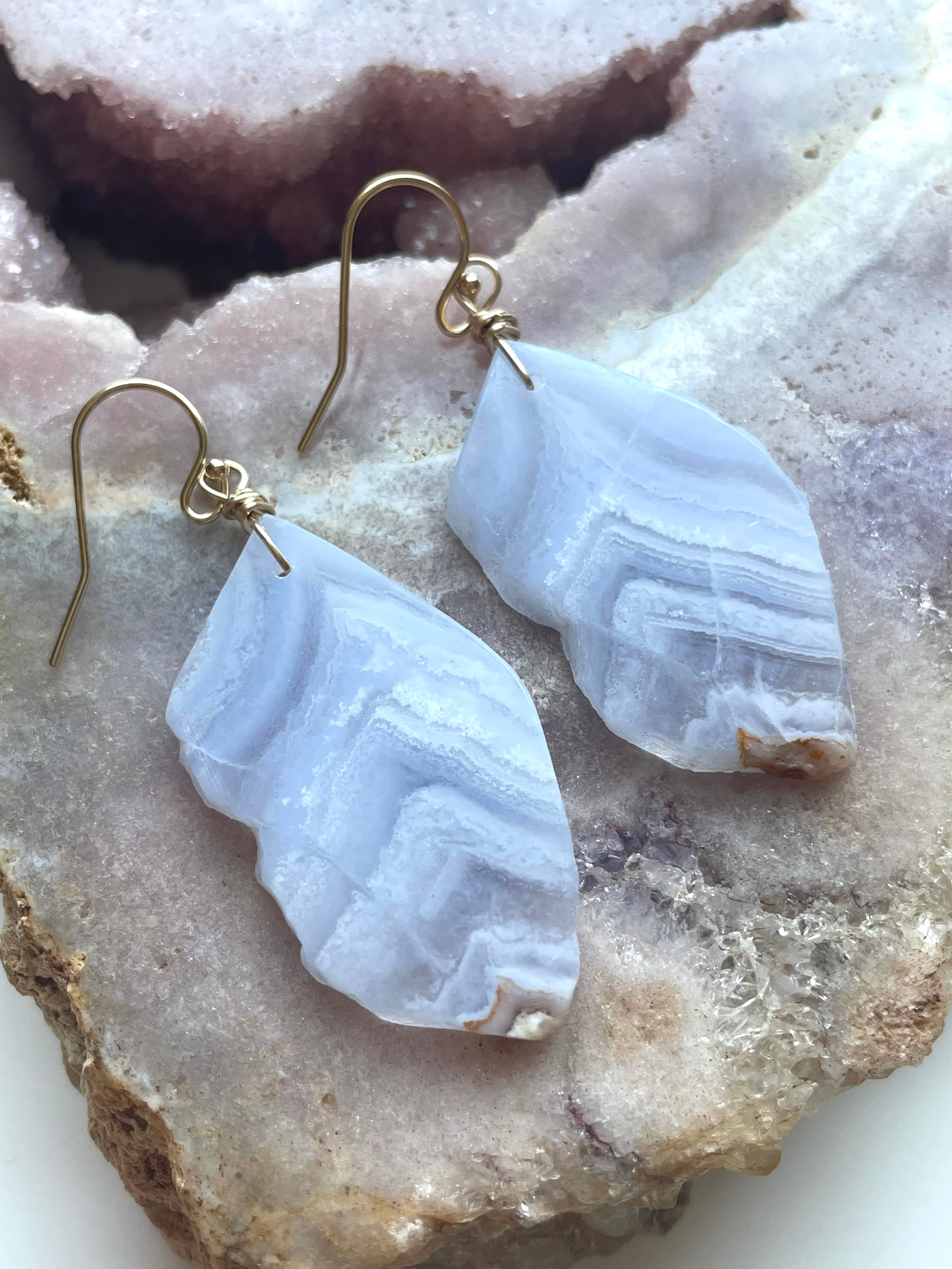Large Blue Lace Agate Gold Filled Statement Crystal Gemstone Earrings for Women | Elegant Dangle Drop Earrings for Party, Wedding & Special Occasions