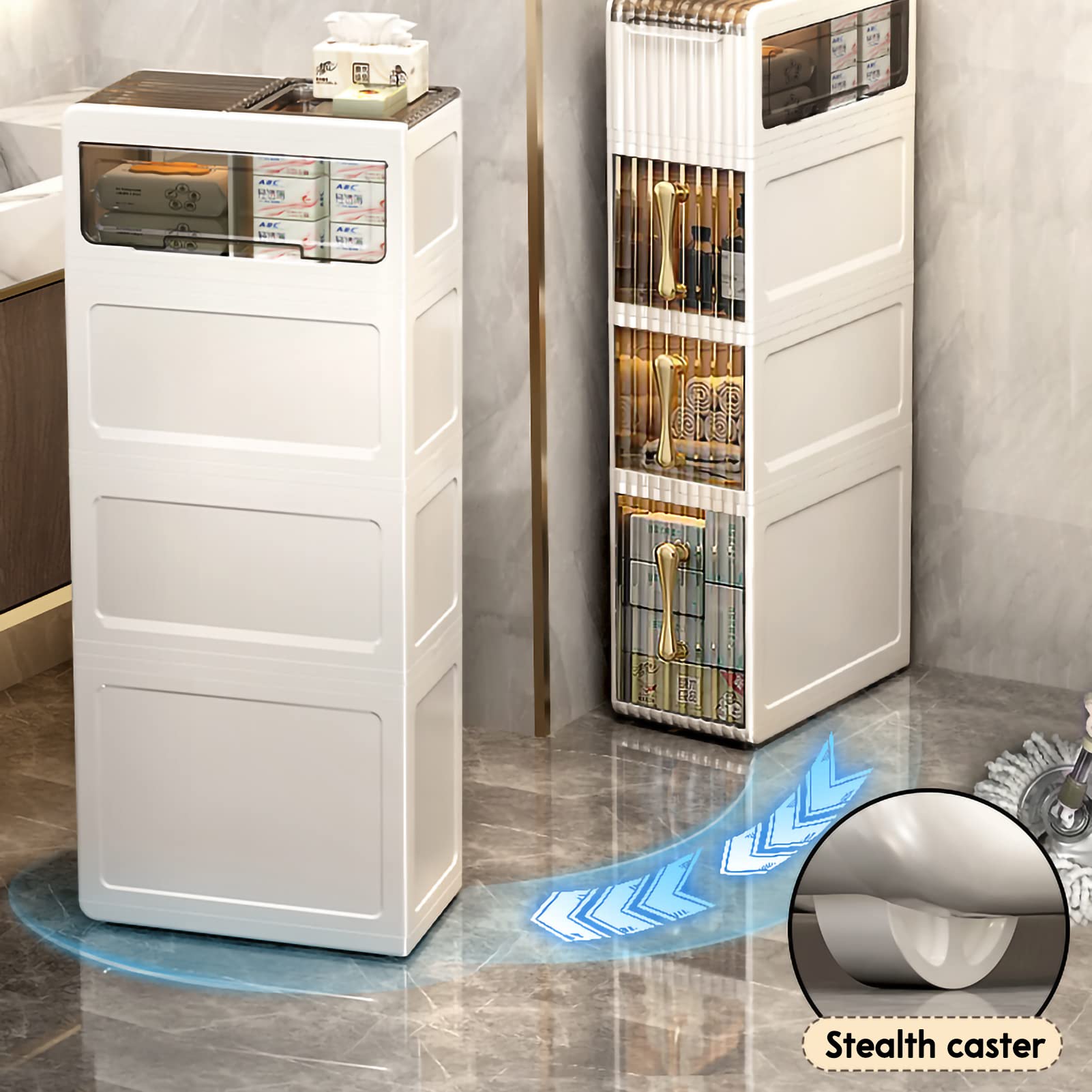 Narrow Slim Bathroom Storage Cabinet with Drawers - Waterproof Small Space Organizer for Bathroom, Kitchen & Laundry - Portable Floor Cabinet for Toiletries, Cleaning Supplies & Towels - Perfect for Apartments, Dorms & Tiny Homes