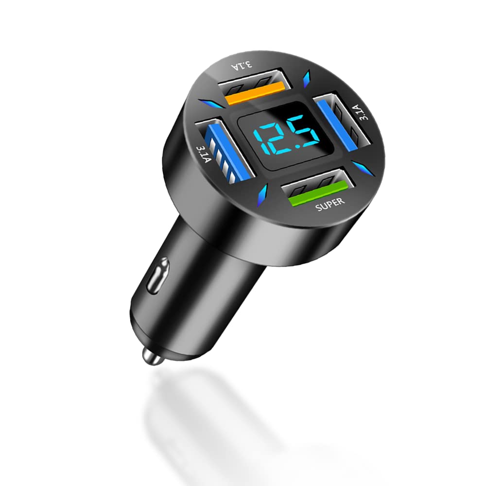 Turcee 66W Fast Car Charger with Voltmeter - 4-Port USB Car Charger Adapter for iPhone, Samsung, Android - Quick Charge for Road Trips, Commuting & Travel Accessories