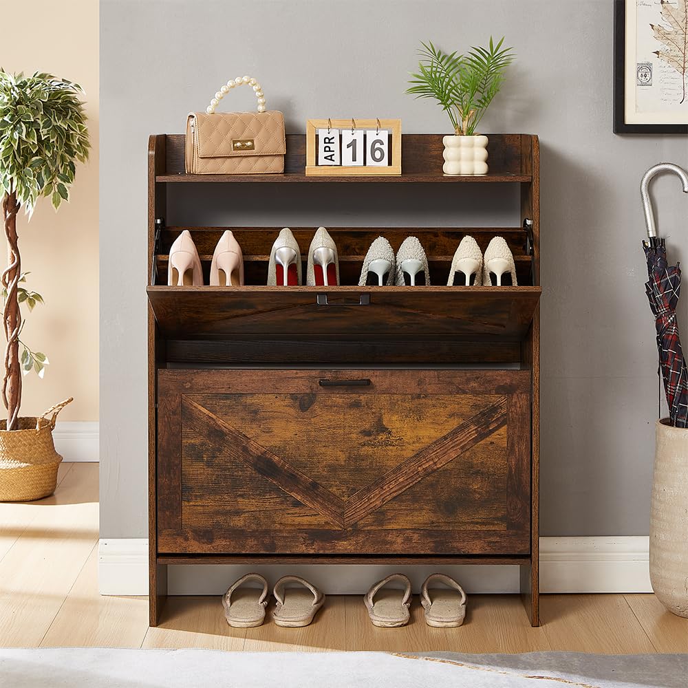 Vintage Shoe Storage Cabinet with 2 Flip Drawers - Freestanding Shoe Organizer with Metal Frame for Entryway, Hallway, Foyer - Perfect for Small Spaces, Closet Organization & Home Decor
