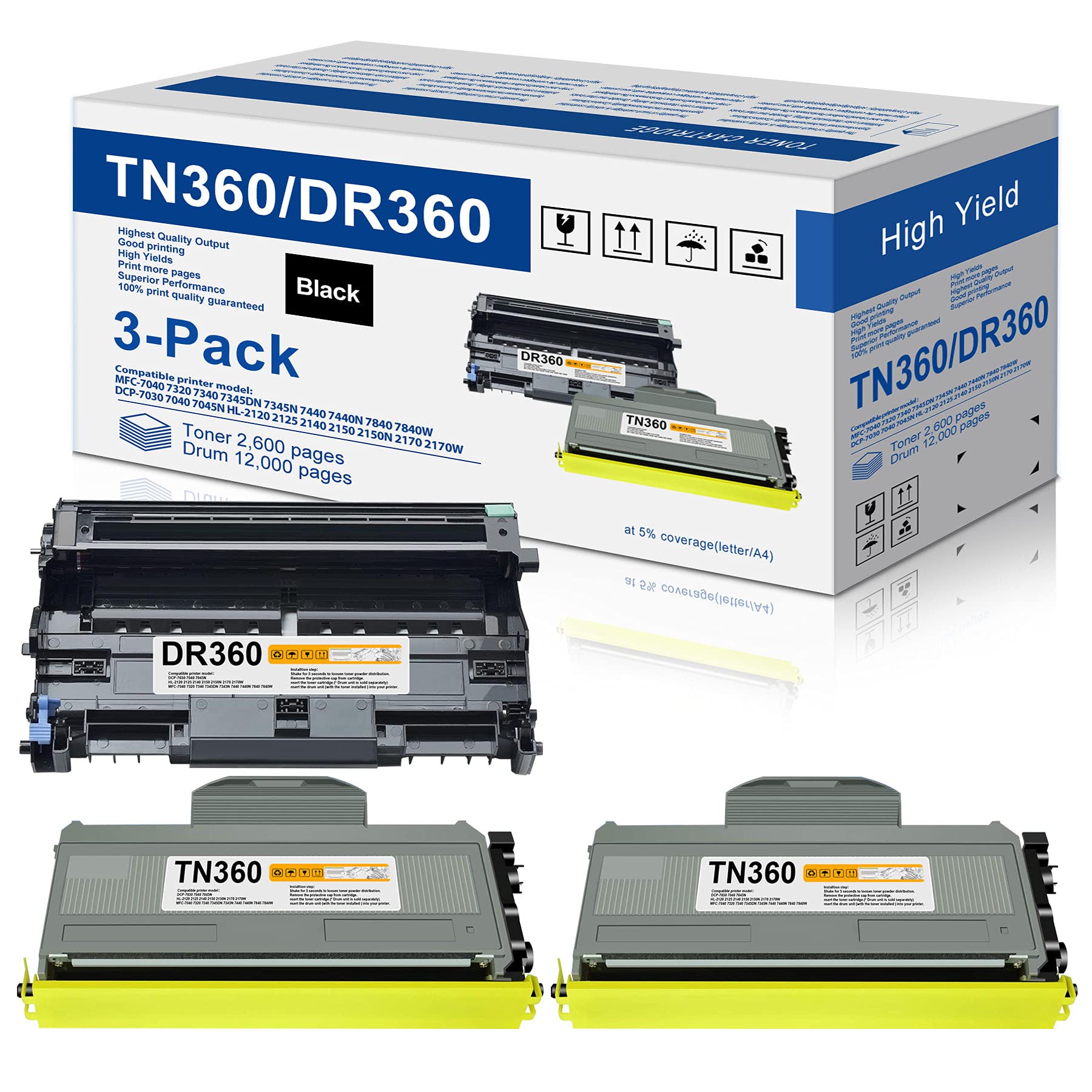Brother TN360 DR360 Compatible Toner Cartridge (2 Toners + 1 Drum Unit) Replacement for HL-2170W DCP-7030 DCP-7040 MFC-7340 MFC-7345N MFC-7440N MFC-7840W Printers - Perfect for Home Office & Small Business Printing Needs