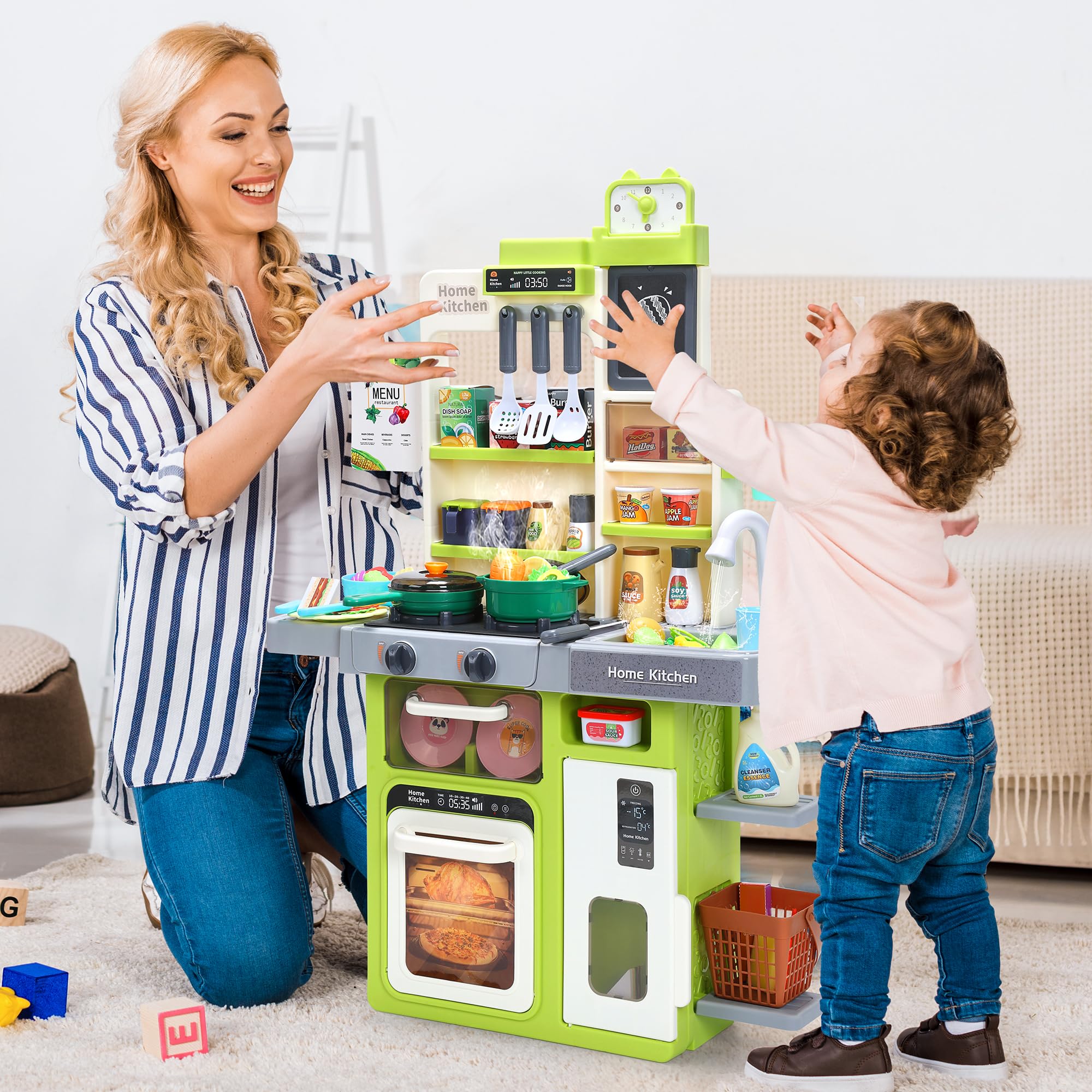 HOLYFUN Kids Kitchen Playset with Sounds, Lights, & Steam - Pretend Play Cooking Stove, Sink & Food - Green Toy Kitchen Set for Toddlers - Perfect for Home, Preschool & Playdates