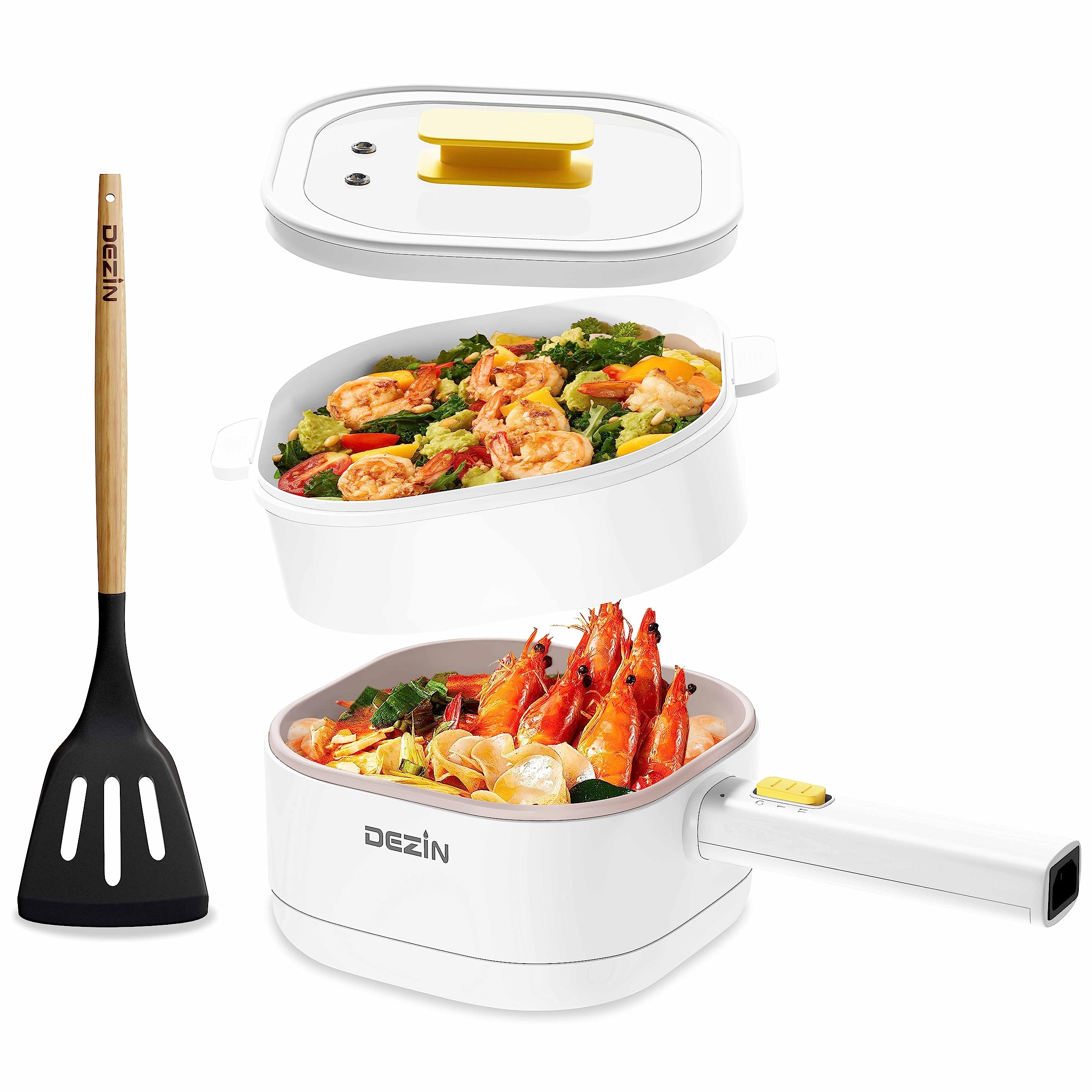 Electric Hot Pot with Steamer - 2L Non-Stick Multi-Cooker for Ramen, Soup & Oatmeal | Portable Induction Cooker with Adjustable Temperature for Dorm, Office & Travel | Perfect for Quick Meals, Camping & Small Spaces (Includes Silicone Spatula)