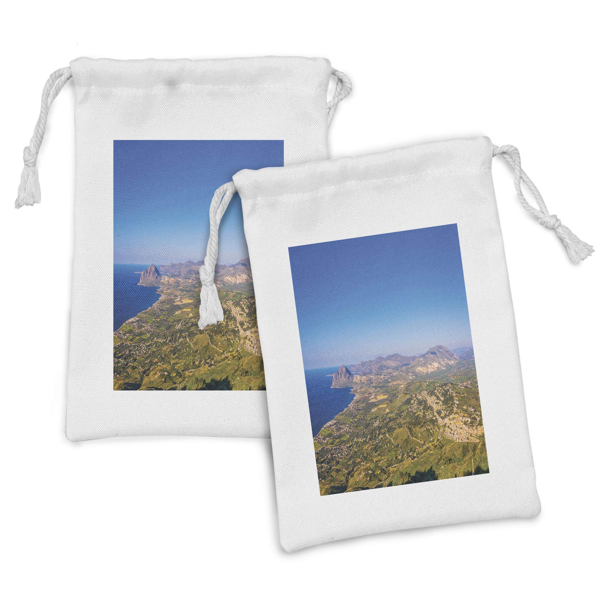 Ambesonne Sicily Fabric Pouch Set of 2 - Aerial View of Sicilian Coast & Monte Cofano - Small Drawstring Travel Bag for Toiletries, Makeup, Jewelry & Gifts (9