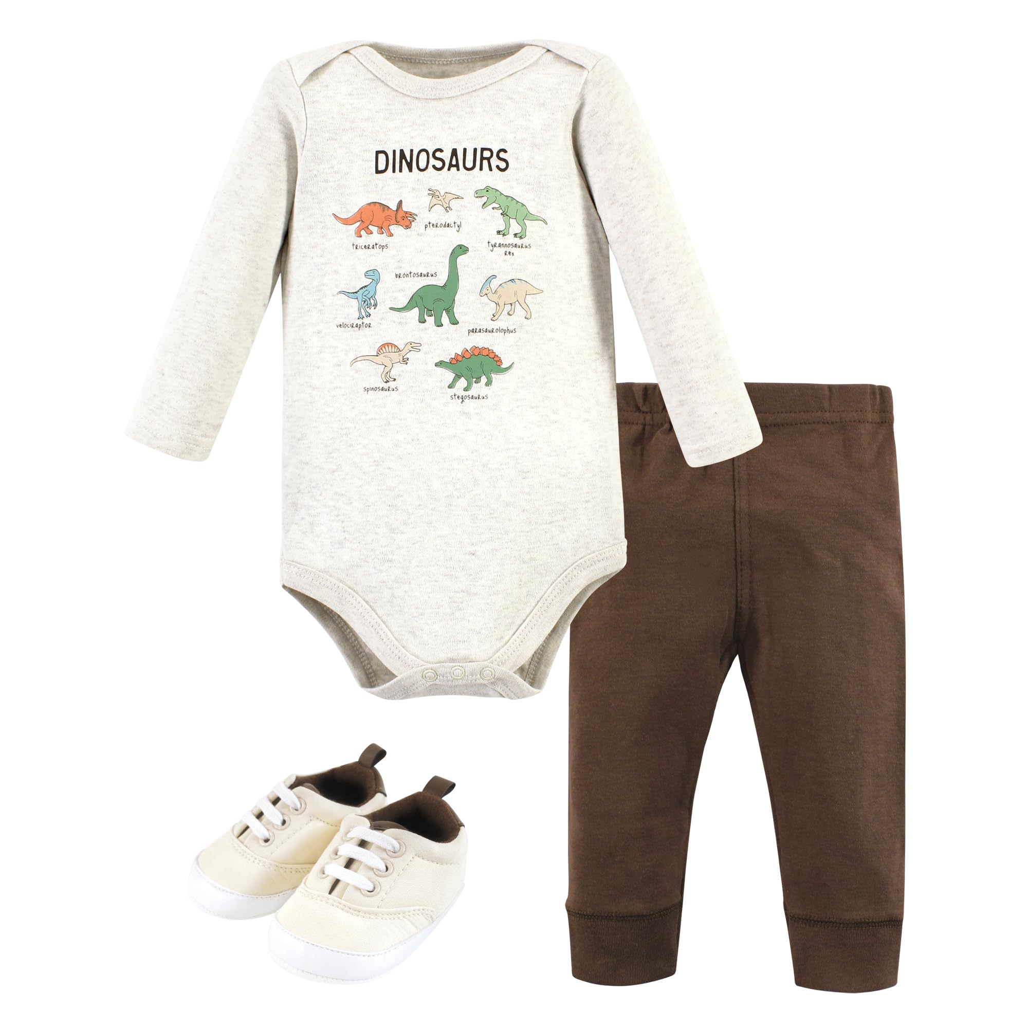 Hudson Baby Unisex Cotton Bodysuit, Pants & Shoe Set - Dinosaur Adventures (0-3 Months) | Soft Newborn Outfit for Baby Boys & Girls | Perfect for Playtime, Photo Shoots & Gifts
