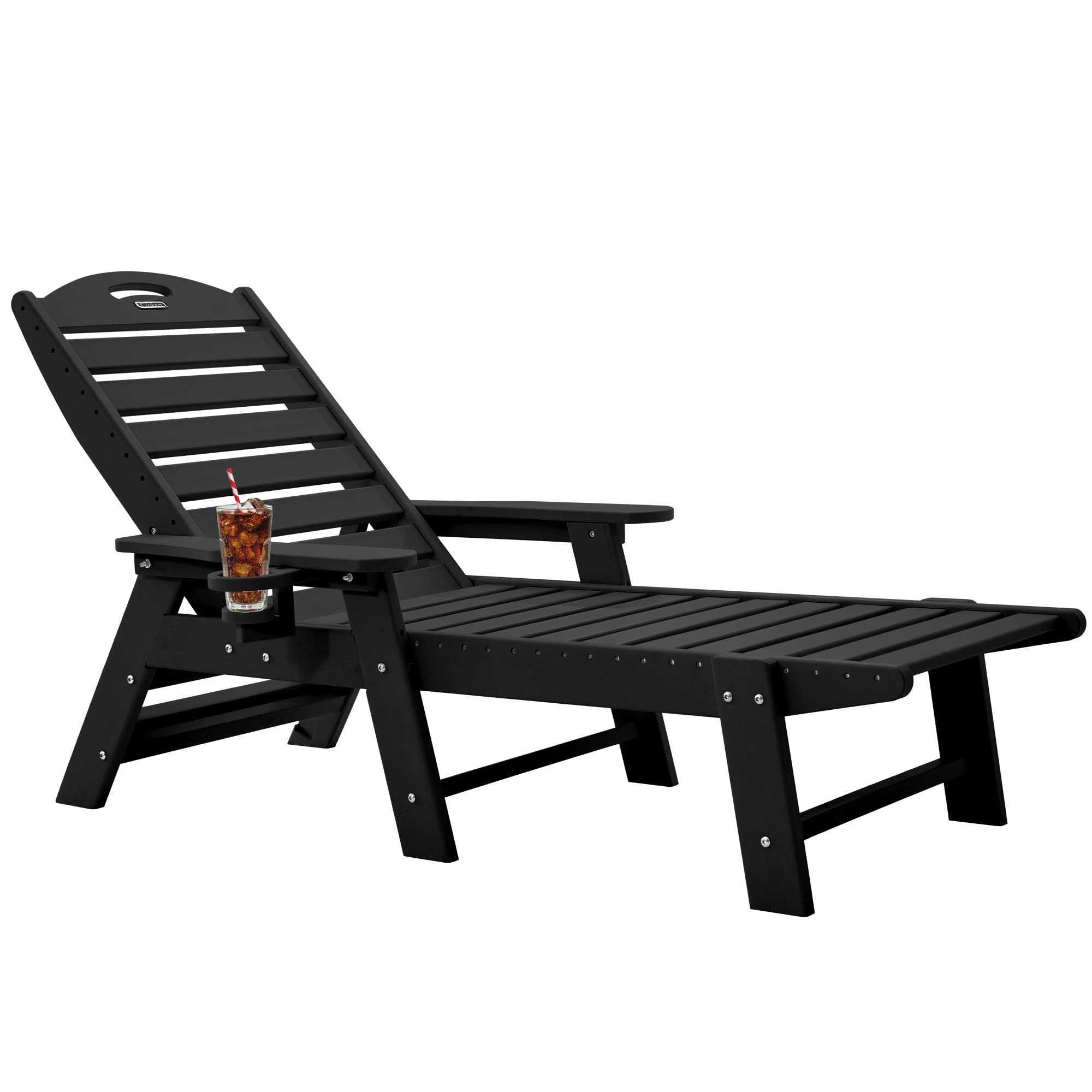 6-Position Adjustable HDPE Chaise Lounge Chair for Outdoor, Patio, Poolside - Black with Cup Holder | Perfect for Backyard, Deck, Lawn Relaxation & Sunbathing