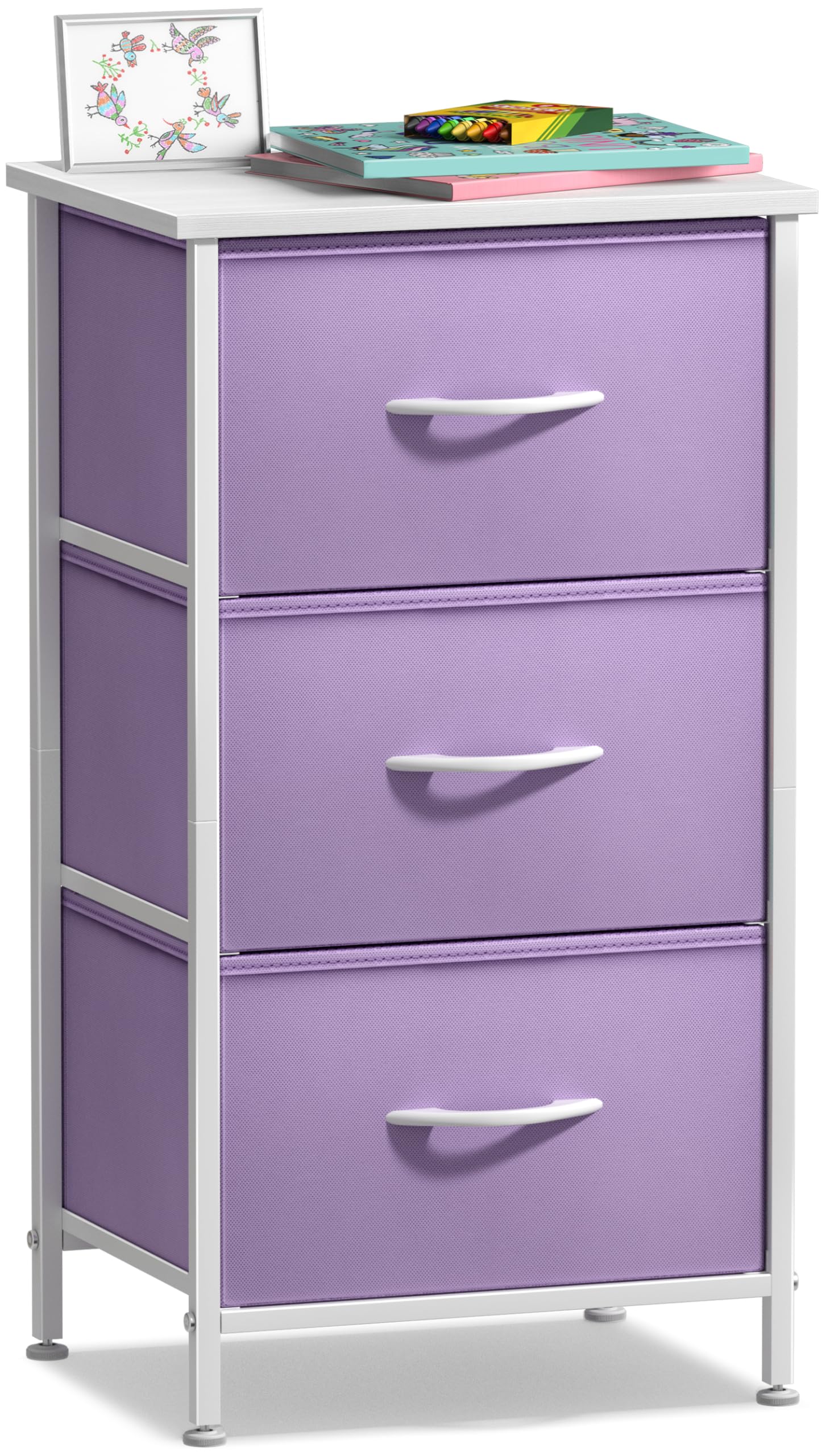 Sorbus 3-Drawer Nightstand with Steel Frame & Wood Top - Modern Bedside Table for Bedroom, Office, College Dorm | Pastel Purple Fabric Bins | Perfect for Small Spaces & Apartment Living