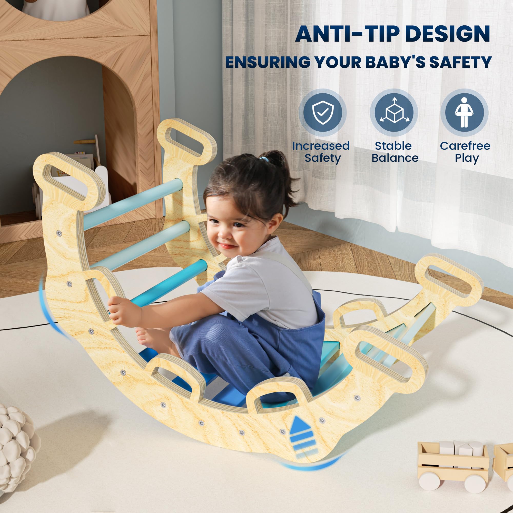 BlueWood 2025 8-in-1 Pikler Triangle Climbing Set - Montessori Toddler Toys, Indoor Baby Jungle Gym Climber with Slide & Ramp, Foldable Wooden Playground for Kids Ages 1-5 Years (Sky Blue) - Perfect for Home Playroom, Daycare & Preschool Activities