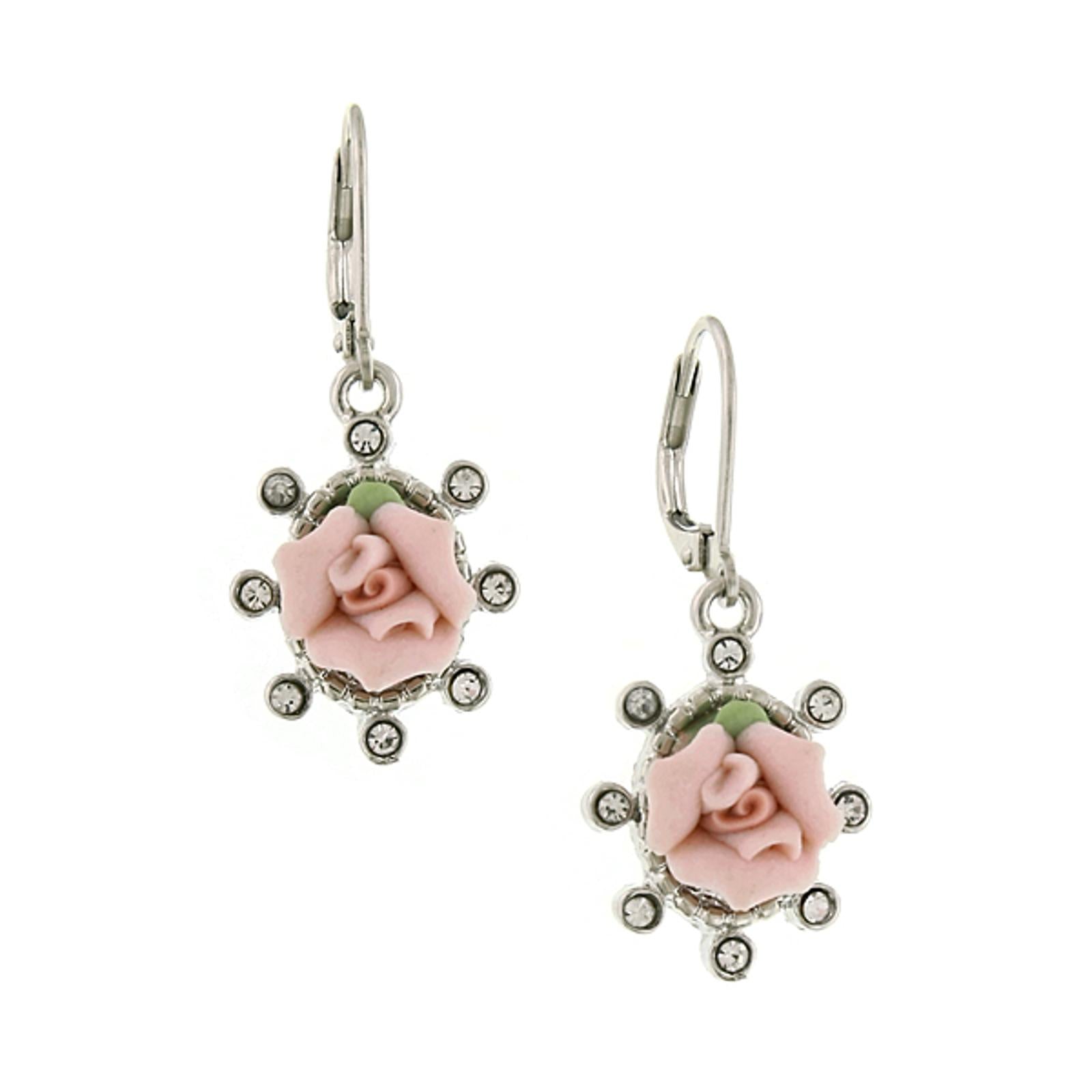 1928 Vintage Pink Porcelain Rose & Crystal Drop Earrings for Women - Elegant Dangle Earrings for Weddings, Parties & Special Occasions
