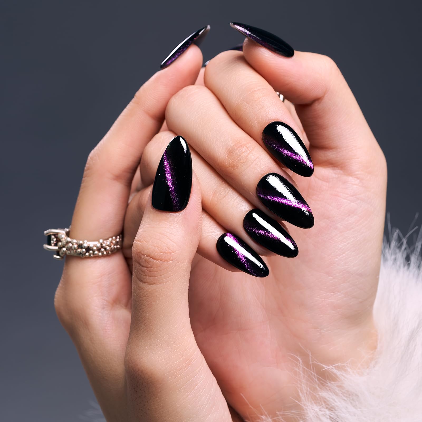 9D Glitter Dark Grey Almond Press on Nails with Purple Glitter Design - 24 Pcs Salon Quality Magnetic Gel Nails Kit in 12 Sizes | Handmade Fake Nails for Parties, Weddings & Special Occasions