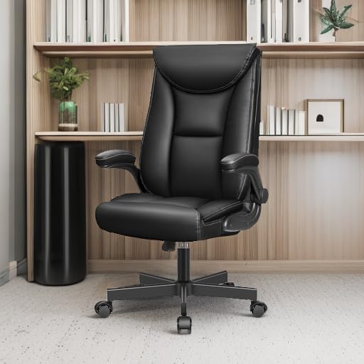 Premium Ergonomic Executive Office Chair - High Back Leather Desk Chair with Adjustable Flip-Up Arms, Lumbar Support & Rocking Function for Big & Tall Users (Black) - Perfect for Home Office, Gaming & Professional Workspaces