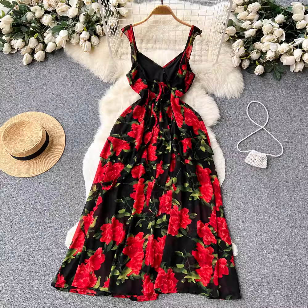 Fairy Floral Dress for Women - Sexy Backless Ruffled Chiffon Skirt with Elegant Design | Perfect for Summer Parties, Weddings & Date Nights