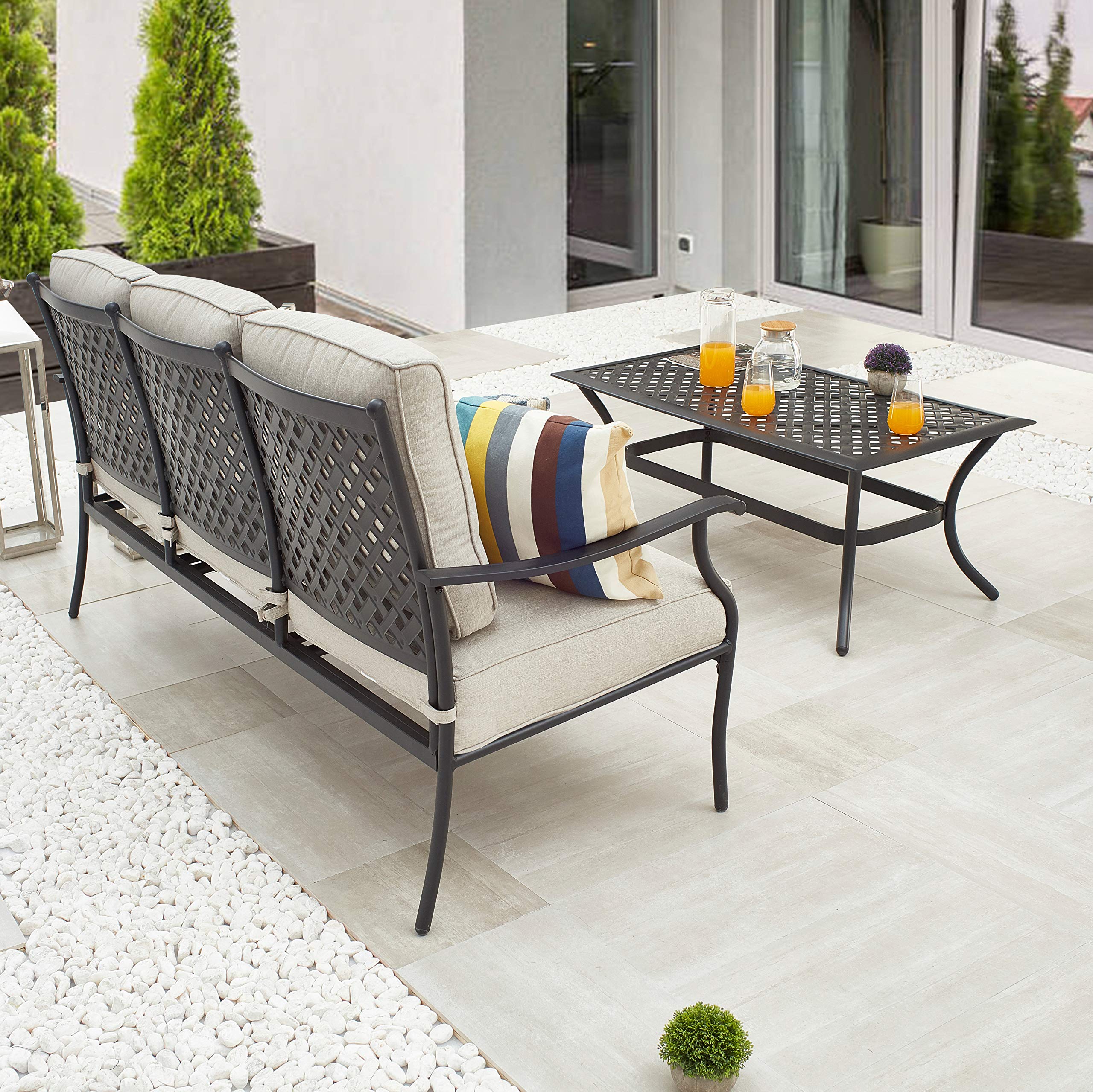 LOKATSE HOME 3-Seat Metal Outdoor Loveseat Bench with Coffee Table - Patio Bistro Set for Garden, Yard, Poolside, Porch or Lawn - Beige - Perfect for Relaxing, Entertaining Guests and Outdoor Dining