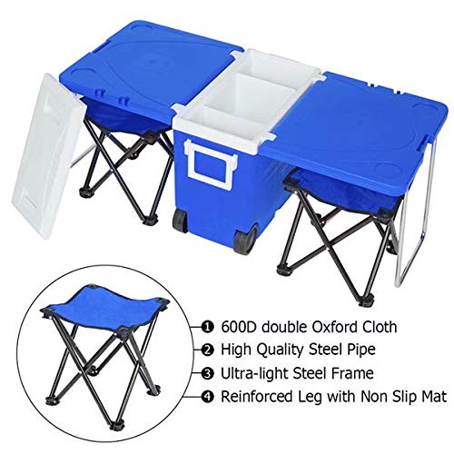 Insulated Rolling Cooler with Table & 2 Foldable Camping Chairs - Portable Beverage Cooler for Picnics, Camping, Fishing, Tailgating & Outdoor Adventures (Blue)