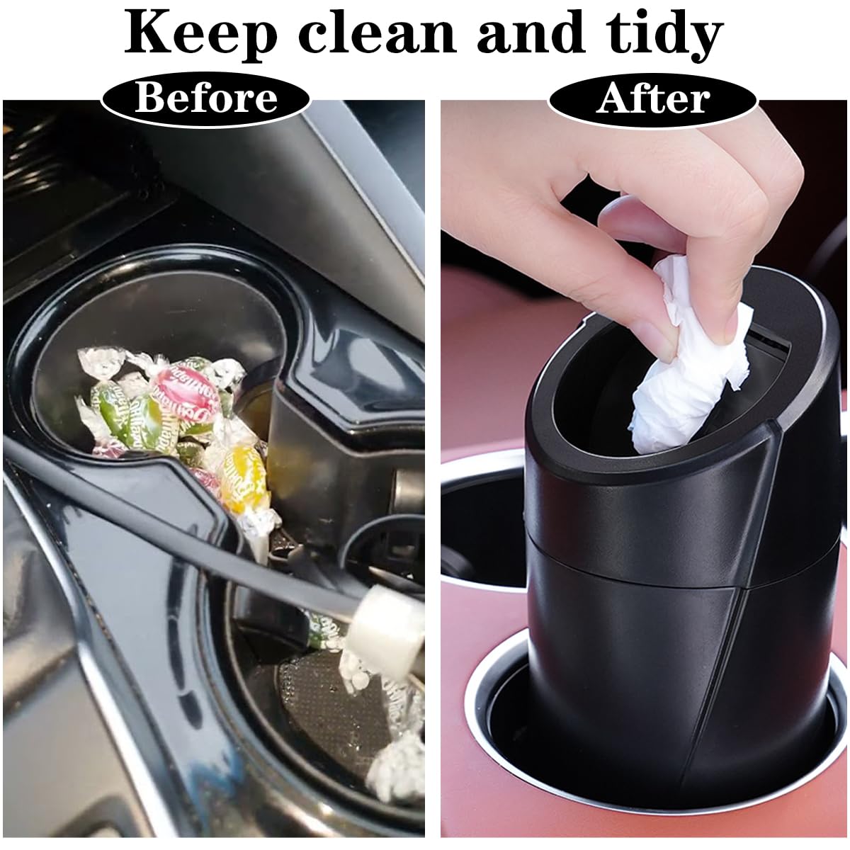 Leakproof Car Trash Can with Lid - Mini Vehicle Garbage Bin for Cup Holder - Black Car Organizer with 20 Trash Bags | Perfect for Road Trips, Commuting & Keeping Your Car Clean