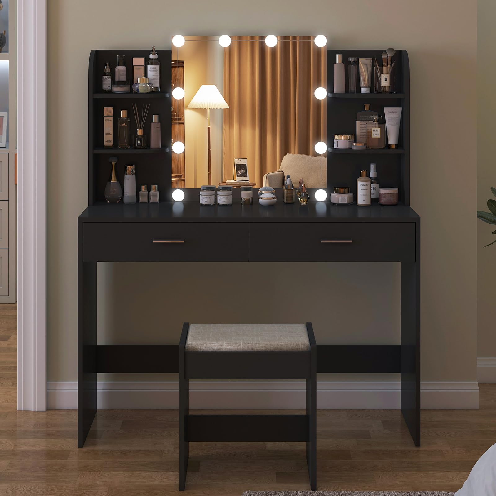 USIKEY Makeup Vanity Desk with LED Mirror & 10 Lights - Dressing Table Set with 2 Drawers, Open Shelves & Cushioned Stool (Black) - Perfect for Bedroom, Bathroom & Beauty Salon Organization