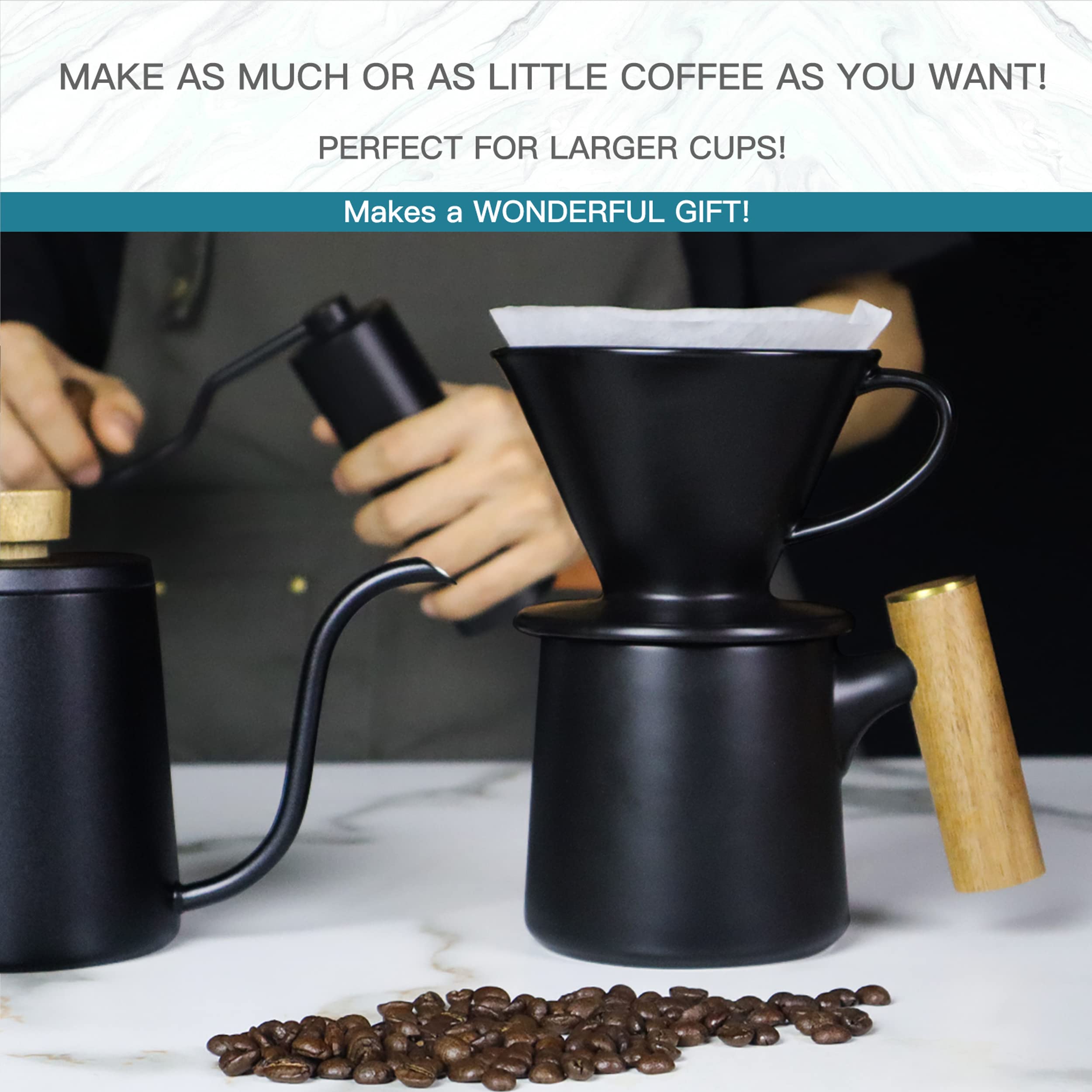 Premium Ceramic Pour Over Coffee Dripper - Manual Slow Brew Coffee Maker with Reusable #2 Filter (Black) | Ideal for Home Brewing, Office Use & Cafe | Perfect Coffee Gift for Baristas & Coffee Lovers