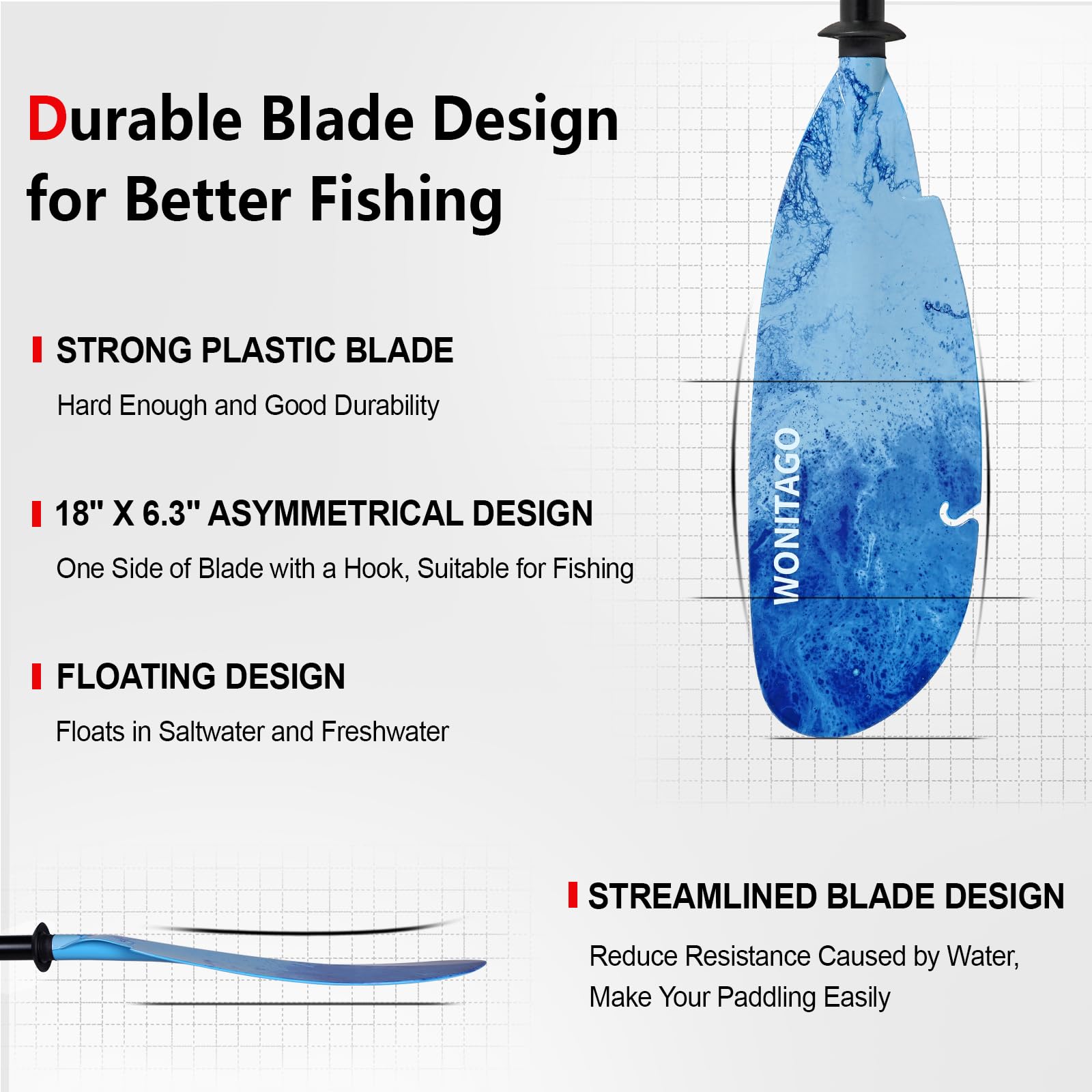 Premium Aluminum Angler Kayak Paddles with Floating Plastic Blades & Adjustable Paddle Leash - 3-Piece Fishing Kayak Oars (230-250cm/90-98 inch) for Fishing, Recreation & Water Sports