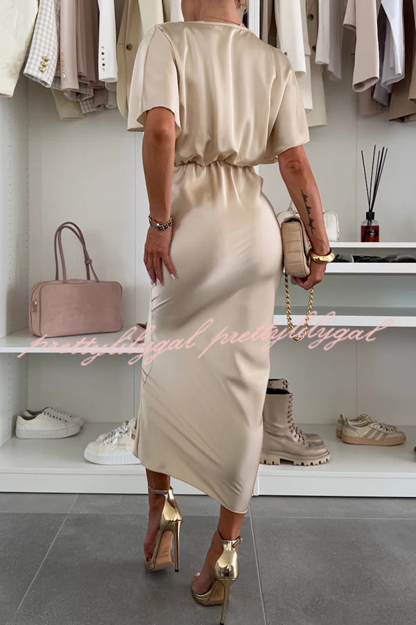 Elegant Satin Solid Color V-Neck Cross Knot Slim Maxi Dress for Women - Perfect for Evening Parties, Weddings & Summer Vacations